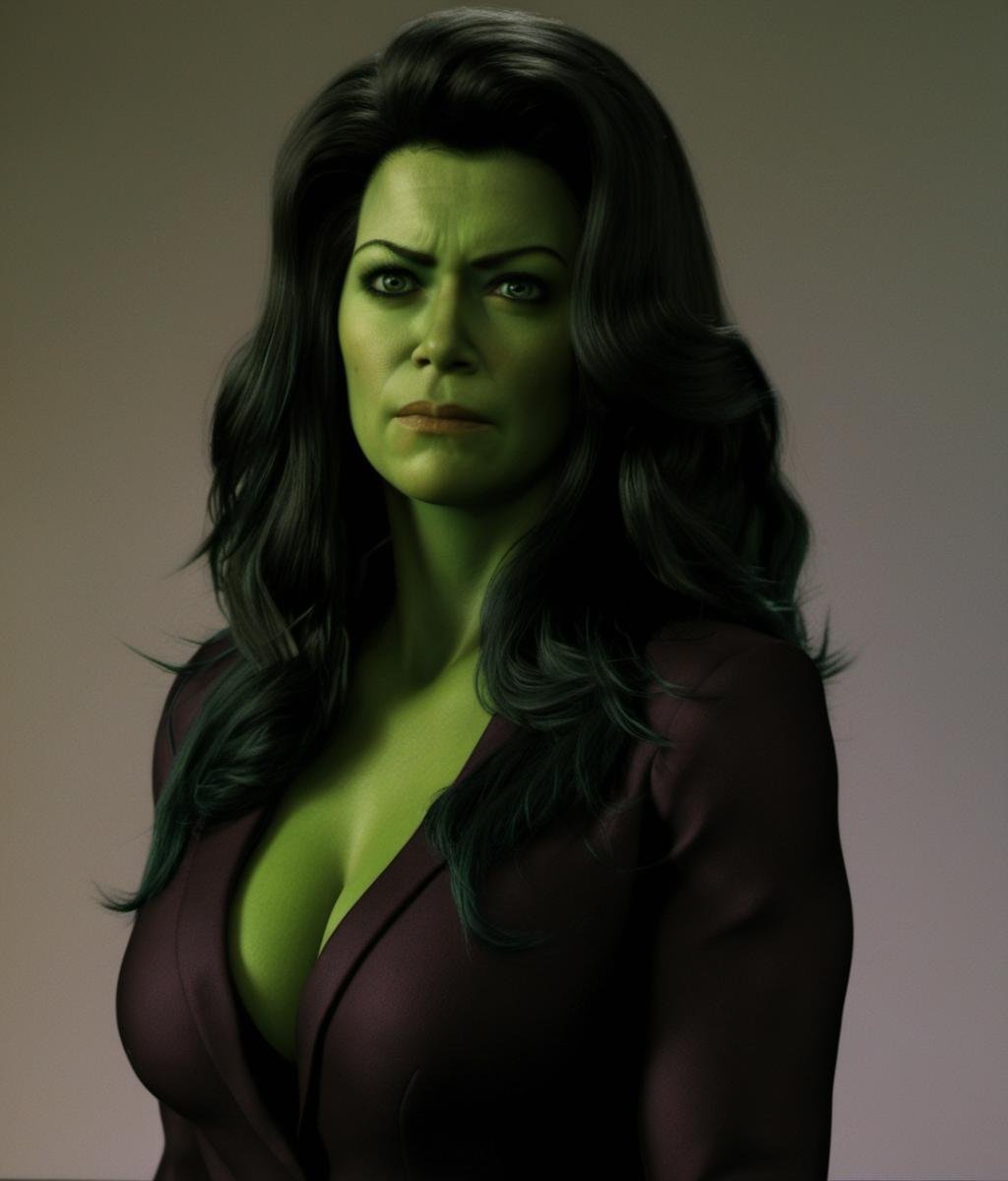 ((big cleavage:1.8)), big cleavage, big cleavage, big cleavage, A full-body depiction of angry ohwx woman, green skin, Full-body depiction, ((ample big cleavage:1.4, generous big breasts:1.5)), alluring black suit without any clothes inside it, strategically openings to show cleavage, captivating seductive smile, hair elegantly tied back, angry expression, long sleeves, enchanting sultry gaze looking at the viewer. <lora:SHEHULK_SDXL-000005:0.75> 