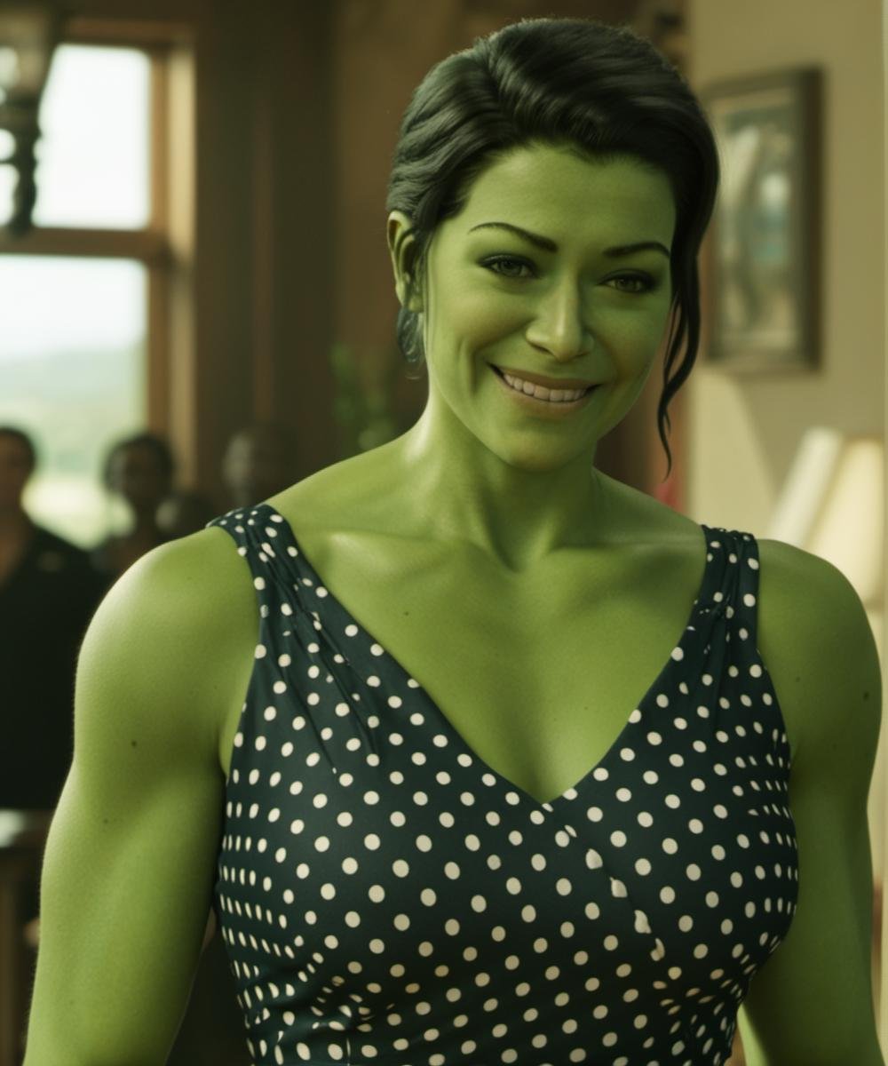 green skin, A full-body depiction of a ohwx woman with ((hair tied back elegantly:1.5)), an alluring polka dot dress, a meticulously designed outfit,  a mesmerizing smile, looking at the viewer, 4k, ultra high res <lora:SHEHULK_SDXL-000005:0.75> 