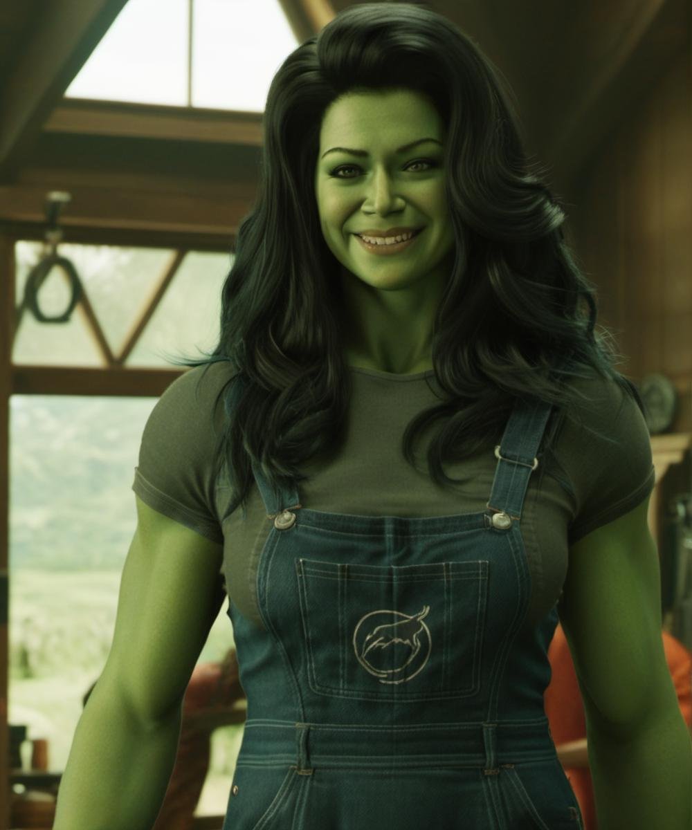 green skin, A full-body depiction of a ohwx woman with long hair, an alluring ((dungaree dress:1.9)), a meticulously designed outfit,  a mesmerizing smile, looking at the viewer, 4k, ultra high res <lora:SHEHULK_SDXL-000005:0.75>