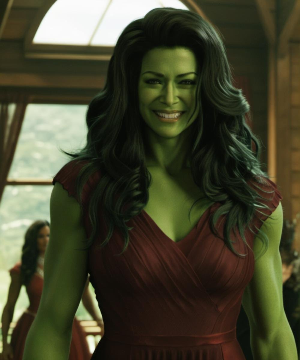 green skin, A full-body depiction of a ohwx woman with long hair, an alluring scarlet dress, a meticulously designed outfit,  a mesmerizing smile, looking at the viewer, 4k, ultra high res <lora:SHEHULK_SDXL-000005:0.75> 