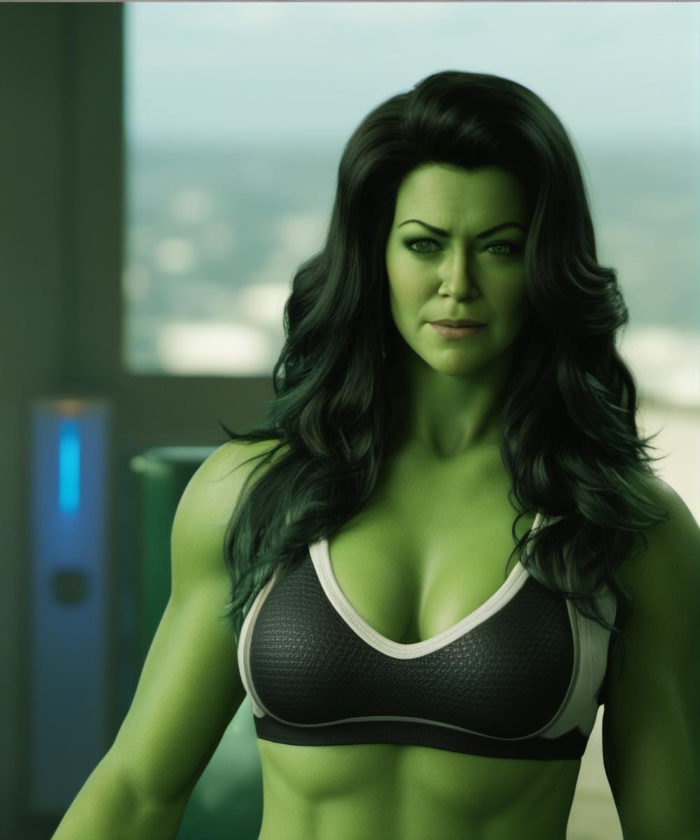 ((voluptuous cleavage:1.9)), white sports bra, sleeveless, green skin, a breathtaking cleavage, ample cleavage, generous cleavage, A full-body depiction of a seductive sexy ohwx woman cleavage, a captivatingly seductive cleavage on full display, green skin, lustrous hair, ((ample voluptuous bosom:1.8, radiant large breasts:1.8)), ((sexy midriff:1.9, bewitching navel/belly button:1.9, generously endowed bust:1.9)), an alluring deep white sports bra, strategically cut to flaunt her cleavage, a mesmerizing seductive smile, an irresistible sultry expression, looking at the viewer, 4k, ultra high res <lora:SHEHULK_SDXL-000005:0.75> 
