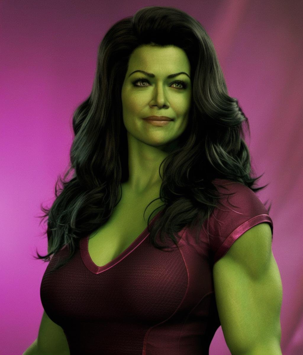 ((voluptuous cleavage:1.9)),  green skin, a breathtaking cleavage, ample cleavage, generous cleavage, A full-body depiction of a seductive ohwx woman, green skin, lustrous hair, ((ample voluptuous bosom:1.8, radiant large breasts:1.8)), an alluring deep V-neck pink tshirt, strategically cut to flaunt her cleavage, a mesmerizing seductive smile, an irresistible sultry expression, and a bewitching gaze that locks onto the viewer, capturing every intricate detail <lora:SHEHULK_SDXL-000005:0.75> 