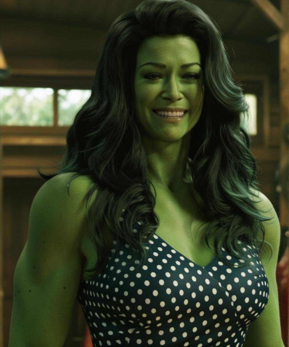 green skin, A full-body depiction of a ohwx woman with long hair, an alluring polka dot dress, a meticulously designed outfit,  a mesmerizing smile, looking at the viewer, 4k, ultra high res <lora:SHEHULK_SDXL-000005:0.75> 