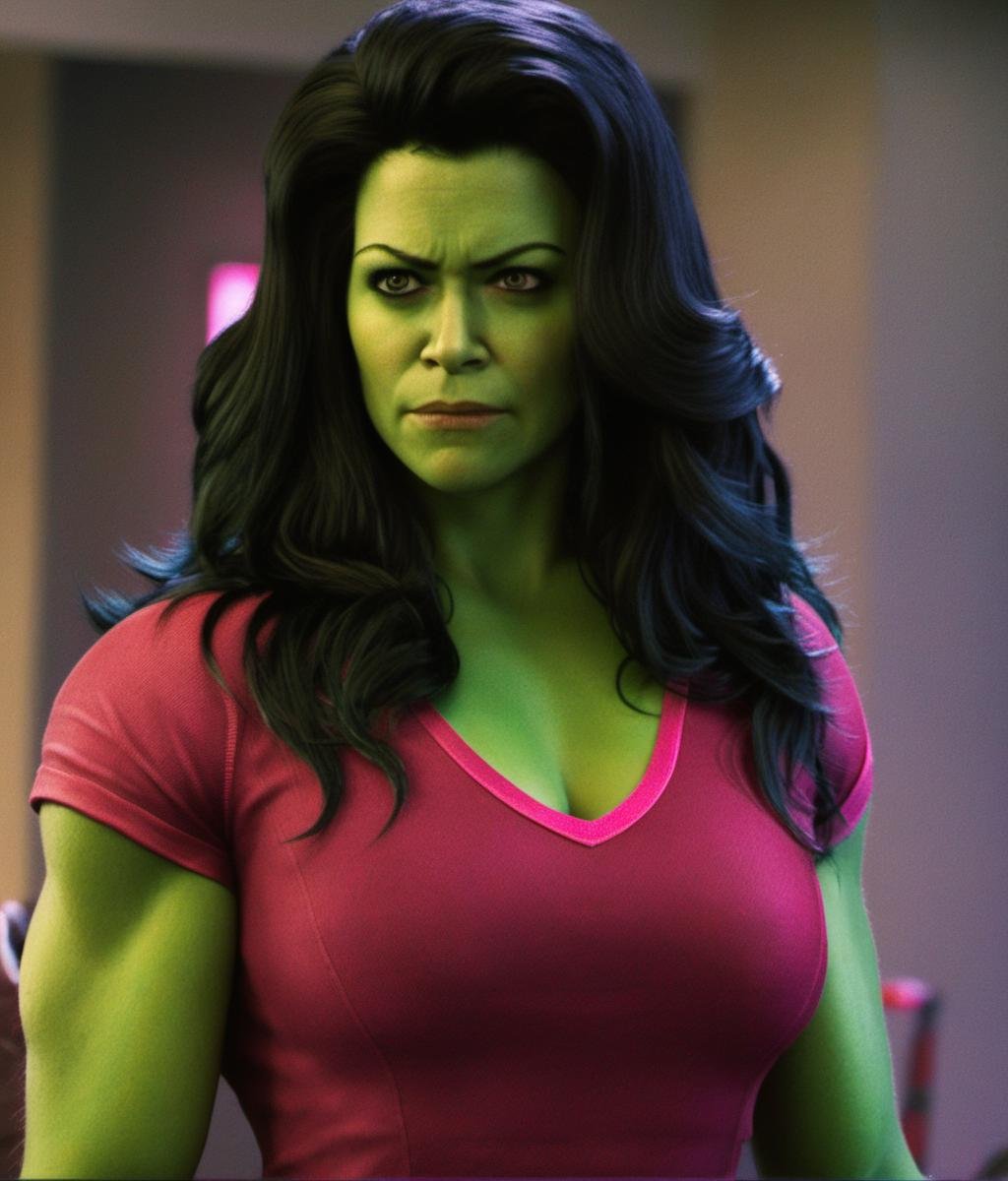 ((big cleavage:1.8)), big cleavage, big cleavage, big cleavage, A full-body depiction of angry ohwx woman, green skin, Full-body depiction, ((ample big cleavage:1.4, generous big breasts:1.5)), alluring low neck pink tshirt, strategically low neck to show cleavage, captivating seductive smile, hair elegantly tied back, impressive seductive sexy expression, enchanting sultry gaze looking at the viewer. <lora:SHEHULK_SDXL-000005:0.75> 