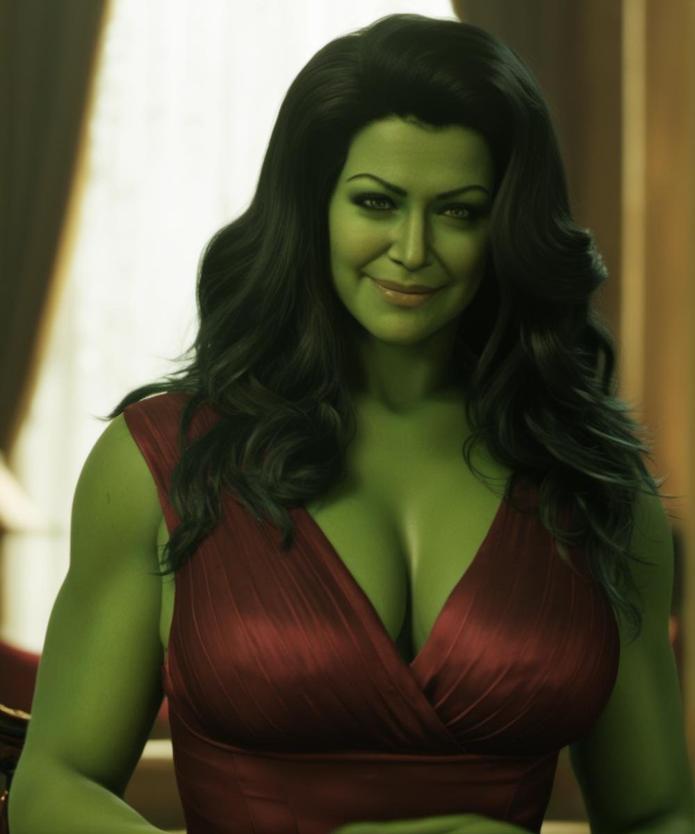 ((voluptuous cleavage:1.9)), green skin, a breathtaking cleavage, ample cleavage, generous cleavage, A full-body depiction of a seductive sexy ohwx woman with cleavage, a captivatingly seductive cleavage on full display, lustrous hair, ((ample voluptuous bosom:1.8, radiant large breasts:1.8)), an alluring scarlet dress, a meticulously designed seductiveto flaunt cleavage, strategically showcasing her cleavage, flaunt her cleavage, a mesmerizing seductive smile, an irresistible sultry expression, looking at the viewer, 4k, ultra high res <lora:SHEHULK_SDXL-000005:0.75> 