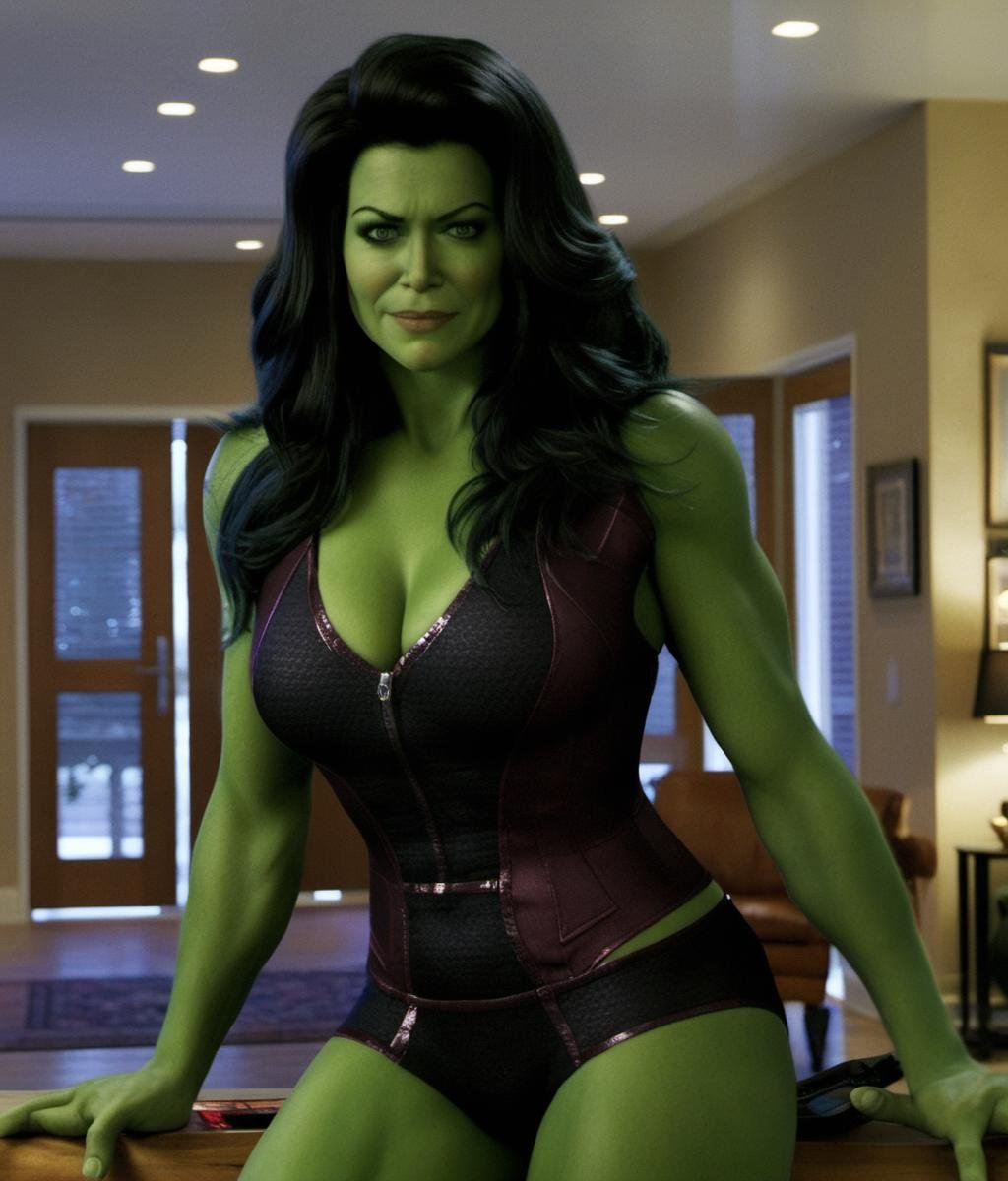((voluptuous cleavage:1.9)),  green skin, a breathtaking cleavage, ample cleavage, generous cleavage, A full-body depiction of a seductive sexy ohwx woman bending/leaning to show cleavage, green skin, lustrous hair, ((ample voluptuous bosom:1.8, radiant large breasts:1.8)), ((sexy midriff:1.9, bewitching navel/belly button:1.9, generously endowed bust:1.9)), an alluring deep sports bra, strategically cut to flaunt her cleavage, a mesmerizing seductive smile, an irresistible sultry expression, and a bewitching gaze that locks onto the viewer, capturing every intricate detail <lora:SHEHULK_SDXL-000005:0.75> 