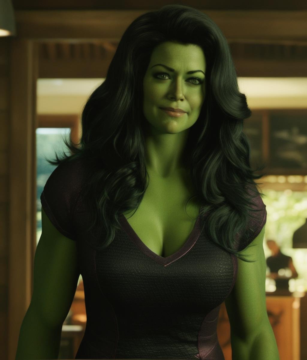 ((voluptuous cleavage:1.9)),  green skin, a breathtaking cleavage, ample cleavage, generous cleavage, A full-body depiction of a seductive ohwx woman, green skin, lustrous hair, ((ample voluptuous bosom:1.8, radiant large breasts:1.8)), an alluring deep V-neck pink tshirt, strategically cut to flaunt her cleavage, a mesmerizing seductive smile, an irresistible sultry expression, and a bewitching gaze that locks onto the viewer, capturing every intricate detail <lora:SHEHULK_SDXL-000005:0.75> 