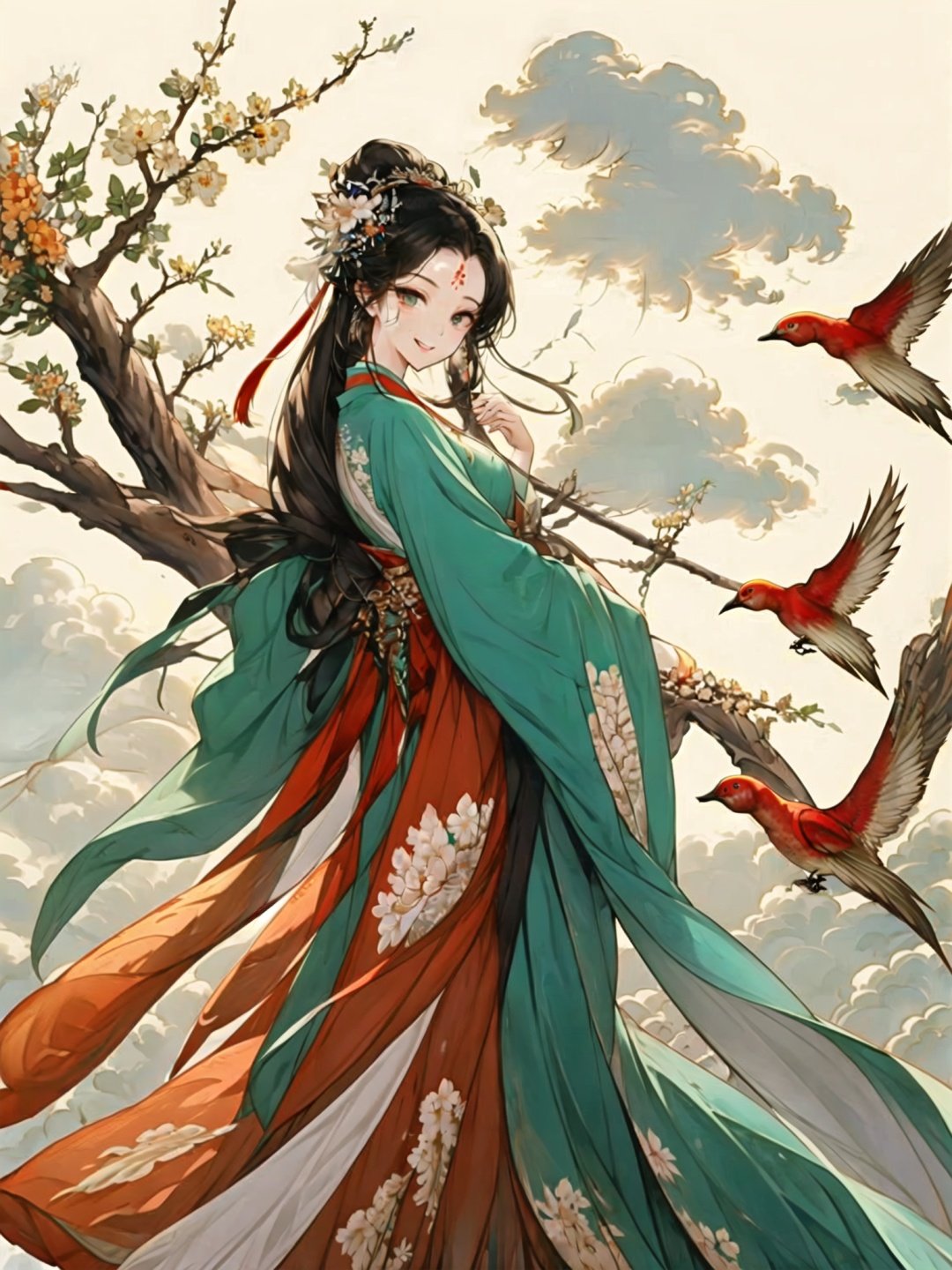 <lora:guochaorenwuV1.0:0.8>,guchen,1girl,branch,forehead mark,chinese clothes,cloud,hanfu,smile,bird,ribbon,dress,hand fan,hair stick,flower,