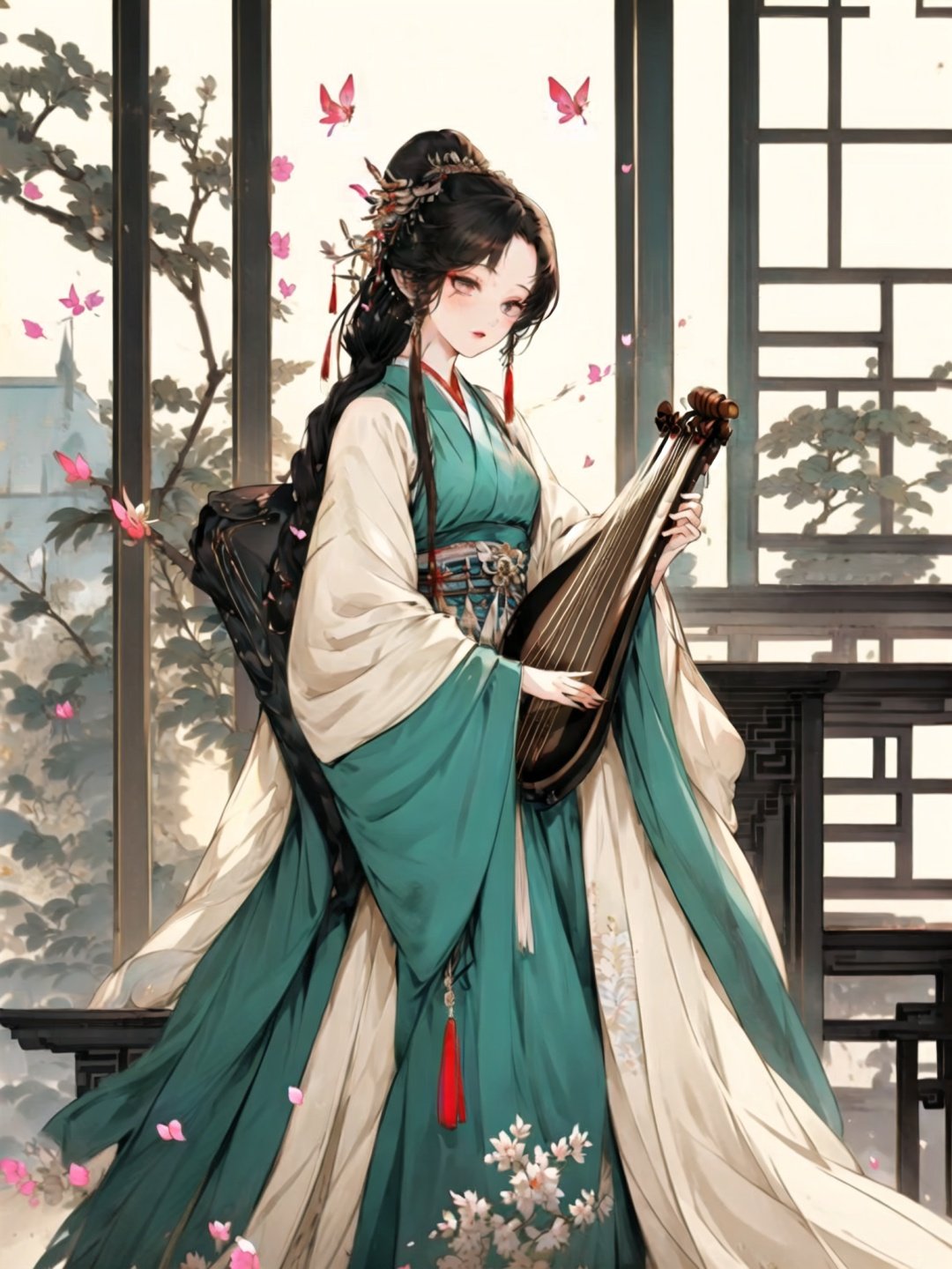 <lora:guochaorenwuV1.0:0.8>,guchen,1girl,braided ponytail,bangs,brown hair,butterfly,chinese clothes,falling petals,standing,sash,chair,building,instrument,tassel,hanfu,plant,