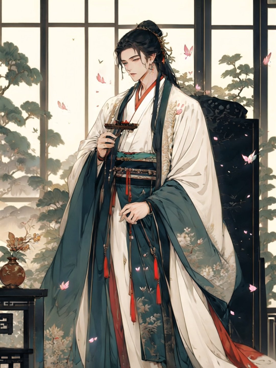 <lora:guochaorenwuV1.0:0.8>,guchen,1boy,braided ponytail,bangs,brown hair,butterfly,chinese clothes,falling petals,standing,sash,chair,building,instrument,tassel,hanfu,plant,