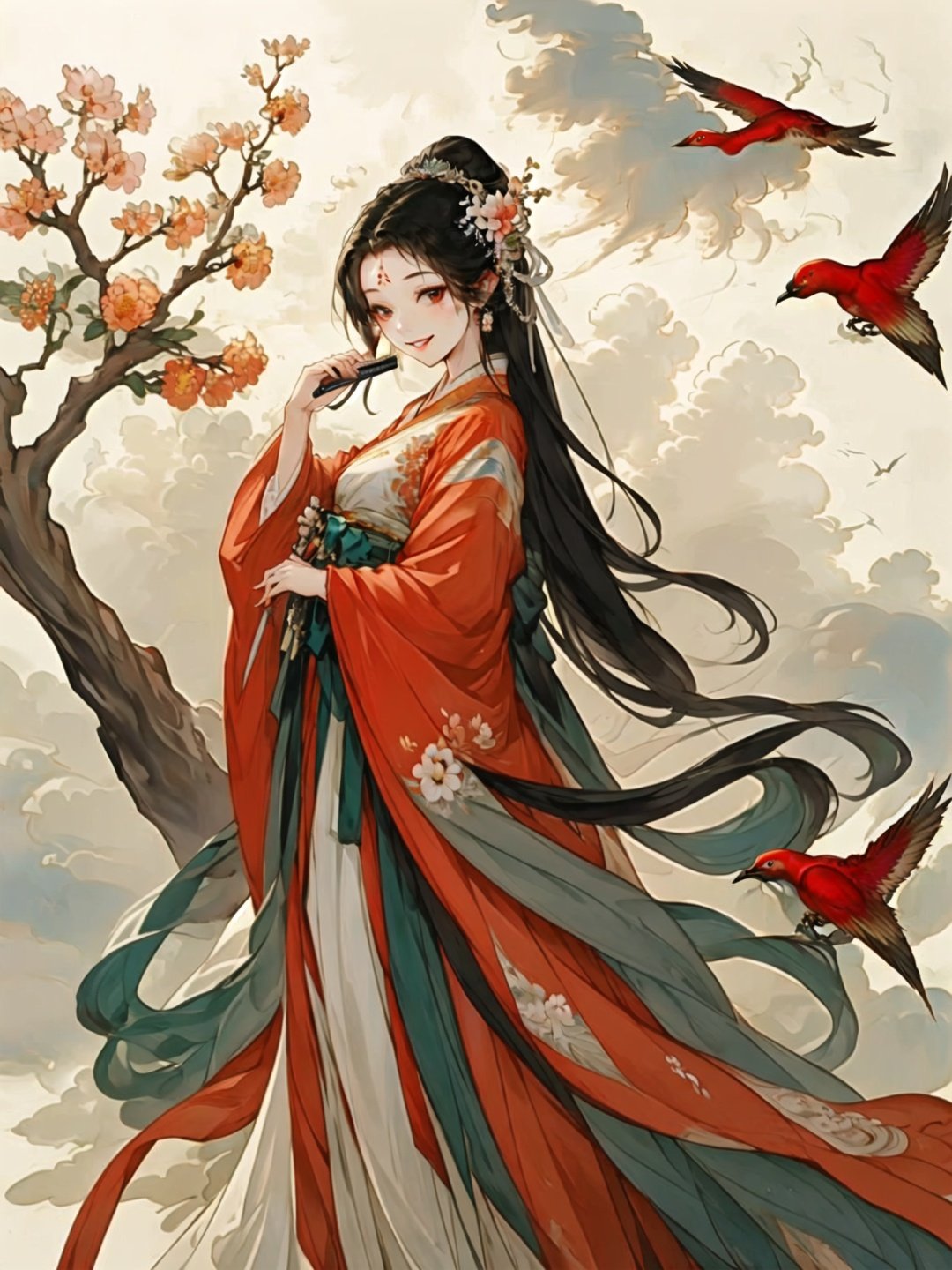 <lora:guochaorenwuV1.0:0.8>,guchen,1girl,branch,forehead mark,chinese clothes,cloud,hanfu,smile,bird,ribbon,dress,hand fan,hair stick,flower,