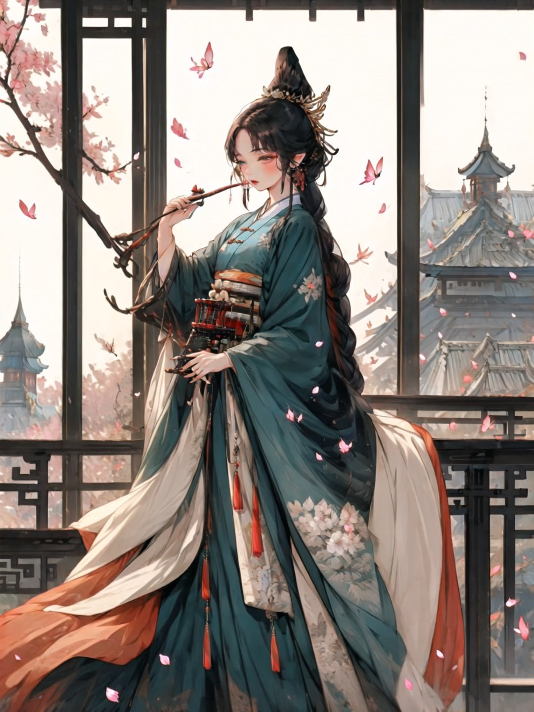 <lora:guochaorenwuV1.0:0.8>,guchen,1girl,braided ponytail,bangs,brown hair,butterfly,chinese clothes,falling petals,standing,sash,chair,building,instrument,tassel,hanfu,plant,