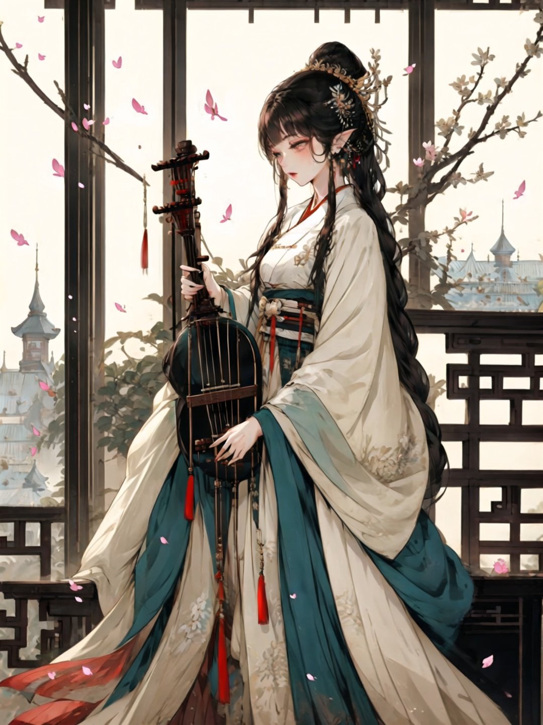 <lora:guochaorenwuV1.0:0.8>,guchen,1girl,braided ponytail,bangs,brown hair,butterfly,chinese clothes,falling petals,standing,sash,chair,building,instrument,tassel,hanfu,plant,