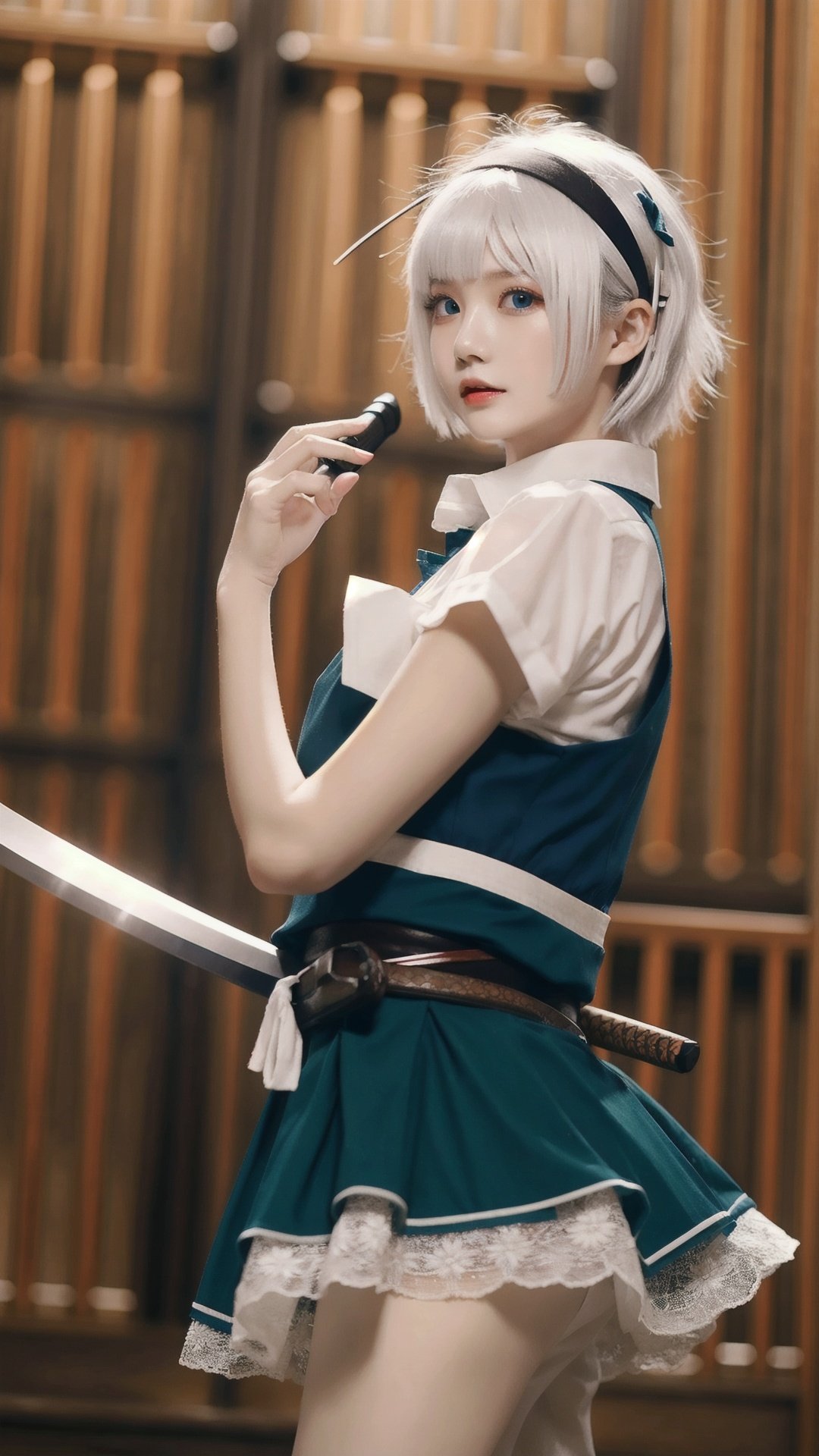 finely detail, Depth of field, (((masterpiece))), ((extremely detailed CG unity 8k wallpaper)), best quality, high resolution illustration, Amazing, intricate detail, (best illumination, best shadow, an extremely delicate and beautiful),

1girl, konpaku youmu, skirt, weapon, sword, short hair, solo, black hairband, sheath, konpaku youmu \(ghost\), shirt, vest, hairband, white hair, short sleeves, blue eyes, ribbon, white shirt, katana, holding, skirt set, leaf, green skirt, lips, scabbard, hair ribbon, black ribbon, green vest, looking at viewer