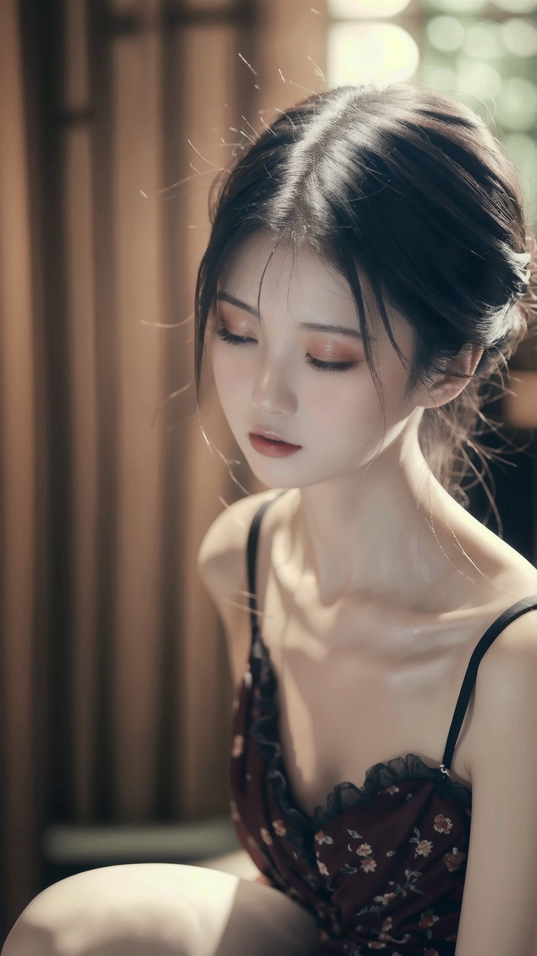 finely detail, Depth of field, (((masterpiece))), ((extremely detailed CG unity 8k wallpaper)), best quality, high resolution illustration, Amazing, intricate detail, (best illumination, best shadow, an extremely delicate and beautiful),

1girl, solo, closed eyes, black hair, realistic, blurry background, blurry, sitting