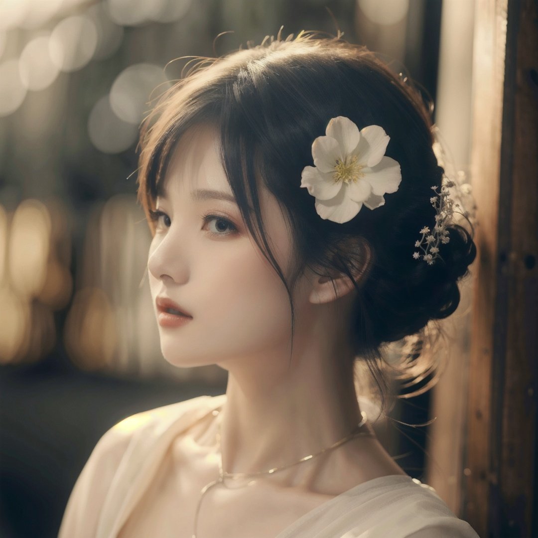 finely detail, Depth of field, (((masterpiece))), ((extremely detailed CG unity 8k wallpaper)), best quality, high resolution illustration, Amazing, intricate detail, (best illumination, best shadow, an extremely delicate and beautiful),

1girl, solo, hair ornament, realistic, black hair, hair flower, flower