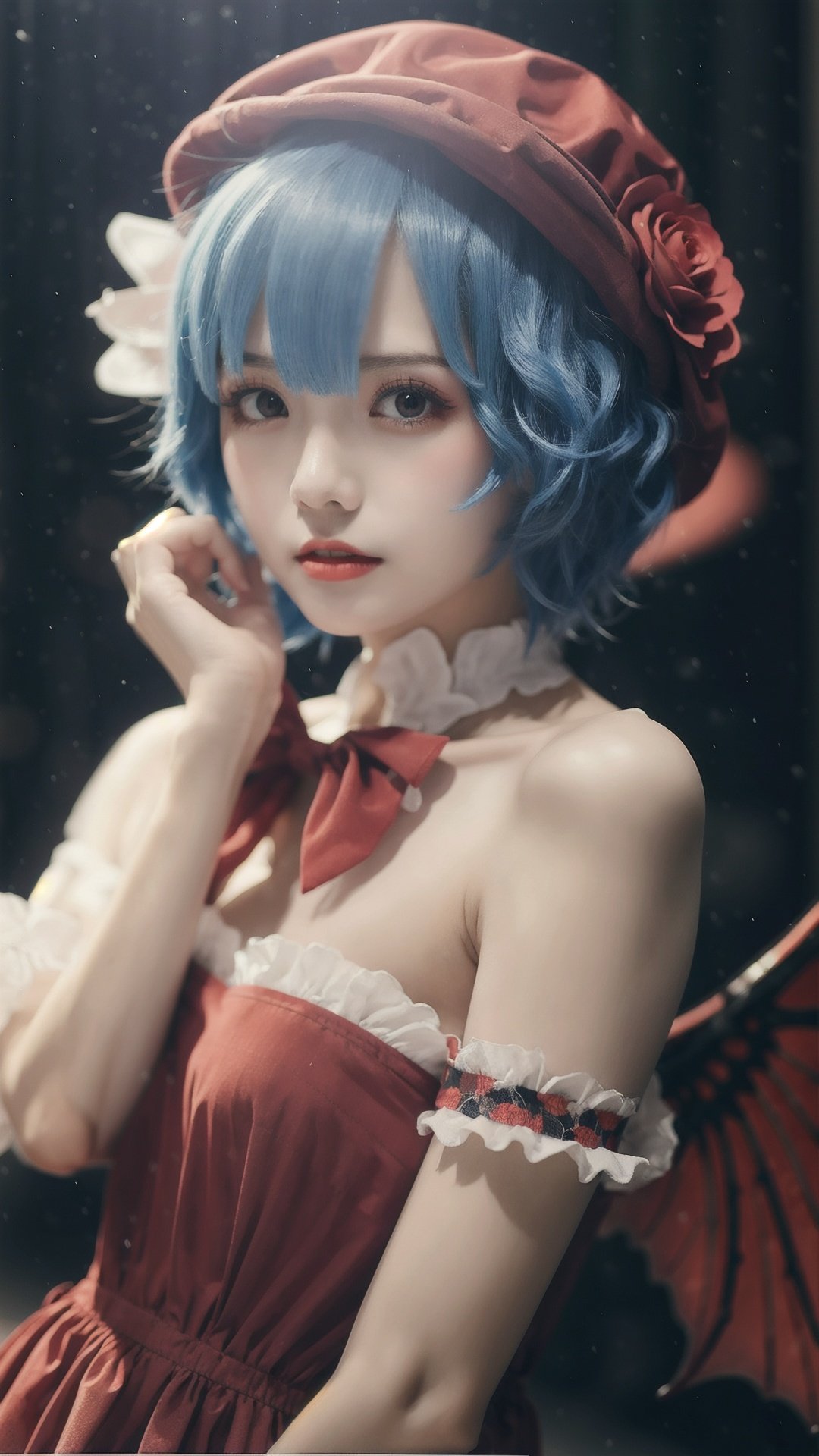 1girl, solo, remilia scarlet, wings, hat, flower, bat wings, red eyes, wrist cuffs, short hair, hat ribbon, upper body, ribbon, slit pupils, looking at viewer, traditional media, blue hair, remilia scarlet