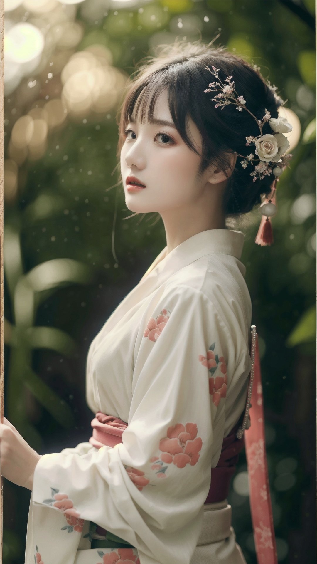 finely detail, Depth of field, (((masterpiece))), ((extremely detailed CG unity 8k wallpaper)), best quality, high resolution illustration, Amazing, intricate detail, (best illumination, best shadow, an extremely delicate and beautiful),

1girl, solo, black hair, hair ornament, japanese clothes, kimono, flower, blurry, outdoors, realistic