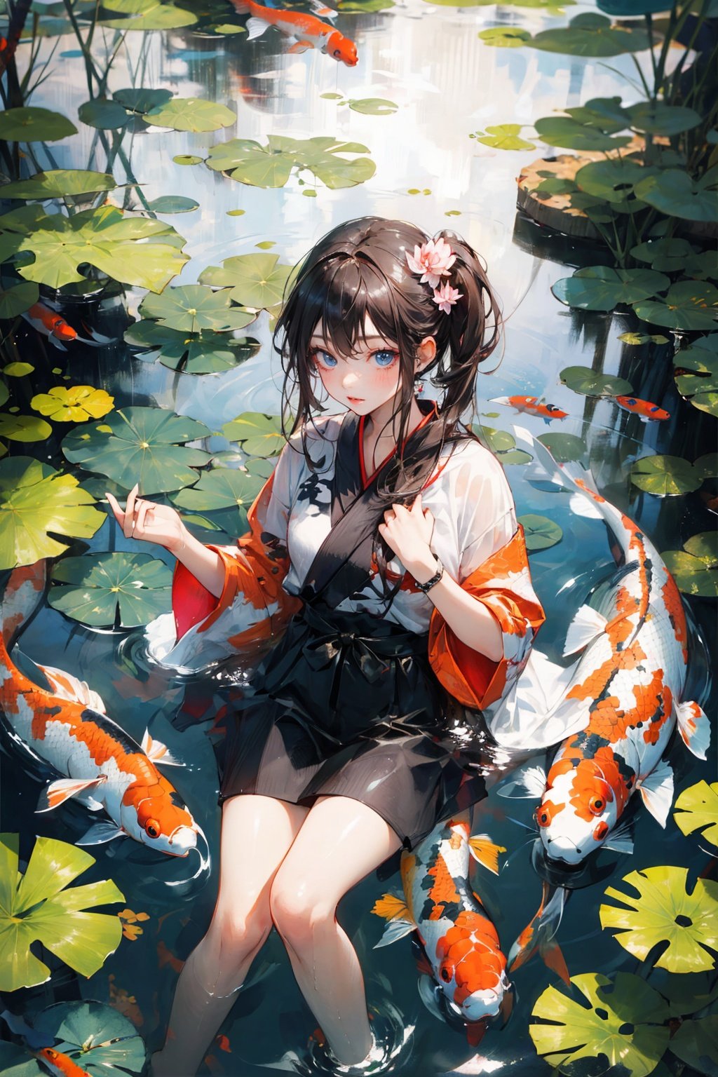 1girl,koi,fish around