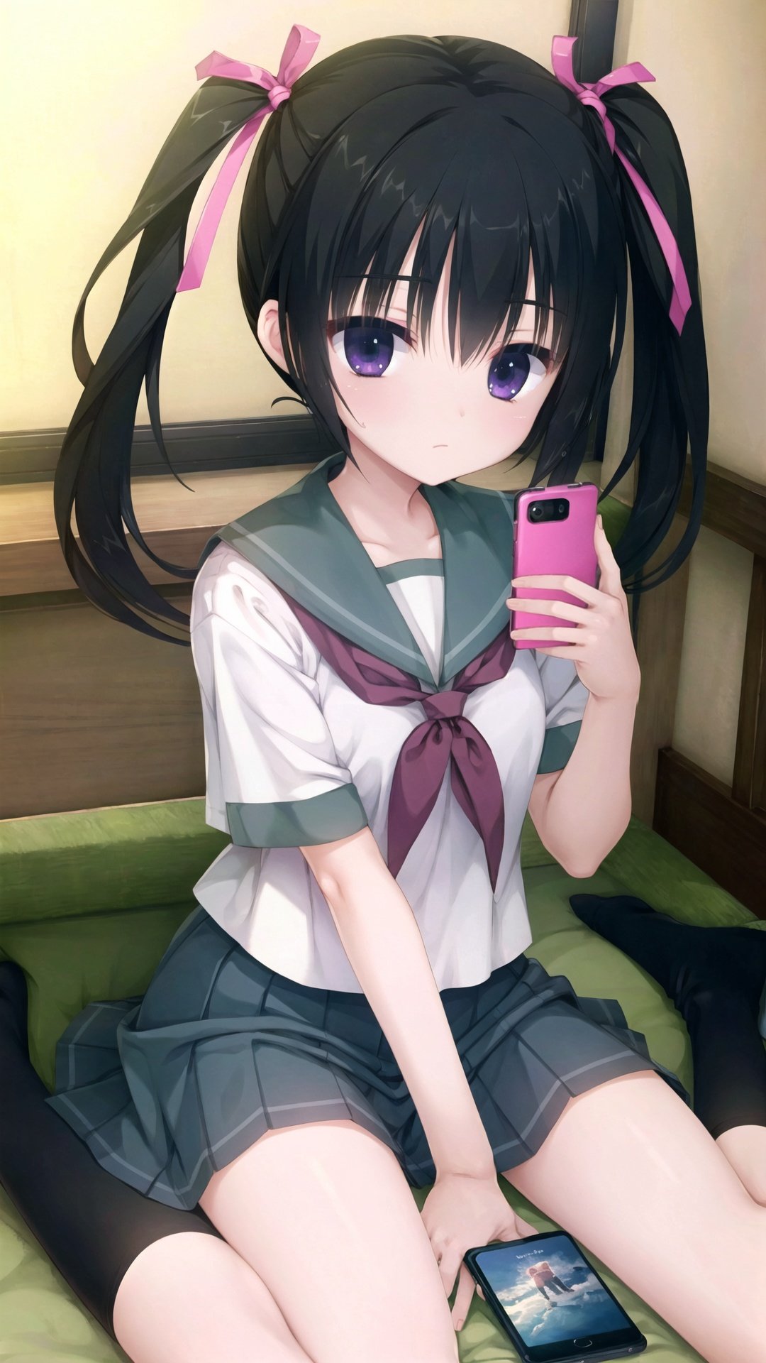  finely detail, Depth of field, (((masterpiece))), ((extremely detailed CG unity 8k wallpaper)), best quality, high resolution illustration, Amazing, intricate detail, (best illumination, best shadow, an extremely delicate and beautiful),

1girl, solo, twintails, phone, skirt, school uniform, stuffed toy, black hair, cellphone, long hair, stuffed animal, holding, serafuku, sitting, holding phone, pleated skirt, looking at viewer, wariza, smartphone, black socks, ribbon, socks, bow, purple eyes, hair ribbon, shirt