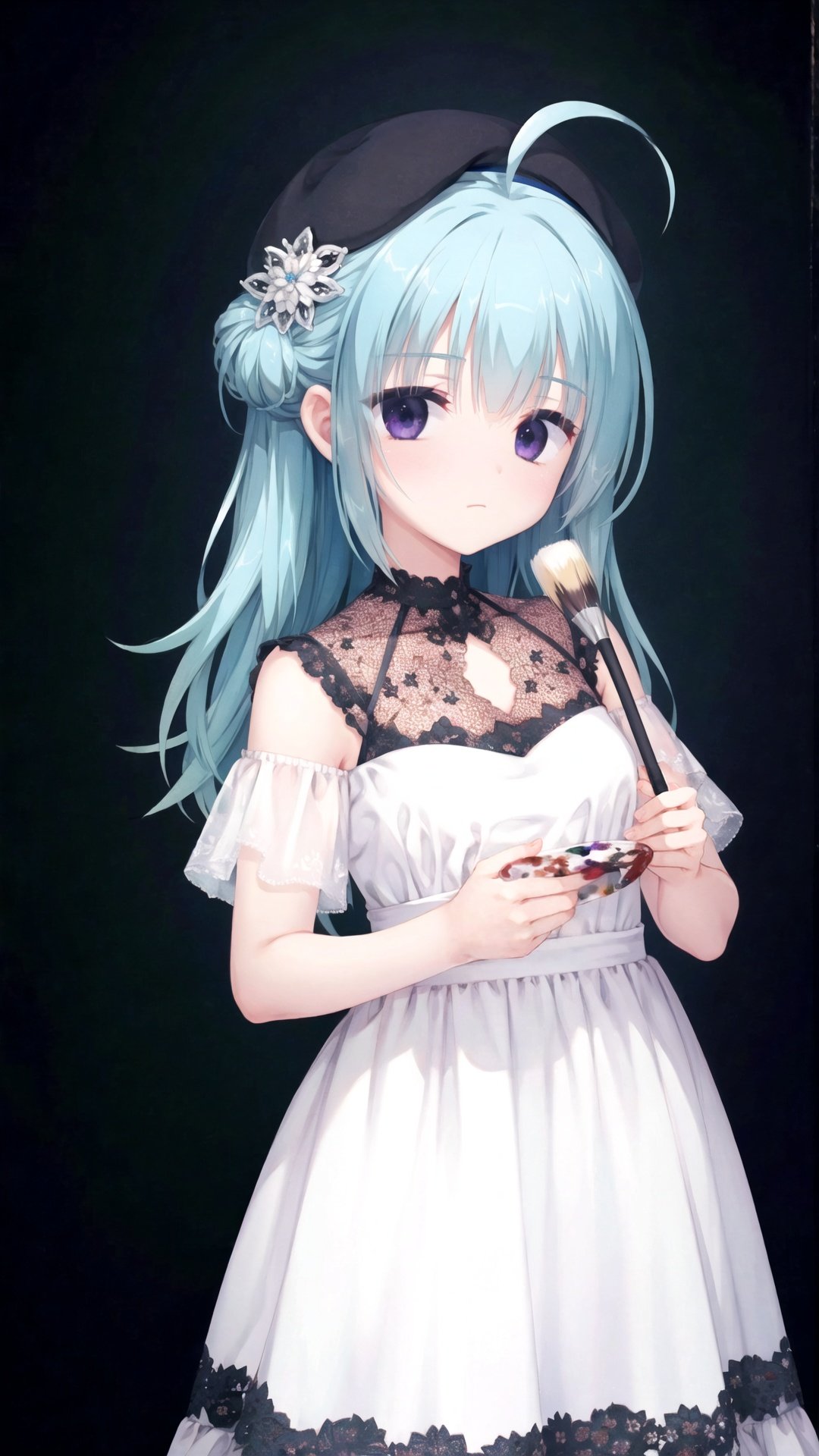 finely detail, Depth of field, (((masterpiece))), ((extremely detailed CG unity 8k wallpaper)), best quality, high resolution illustration, Amazing, intricate detail, (best illumination, best shadow, an extremely delicate and beautiful),

1girl, palette (object), dress, blue hair, white dress, hat, solo, purple eyes, beret, long hair, painting (object), bangs, black background, closed mouth, holding, looking at viewer, ahoge, simple background, hair ornament, paintbrush