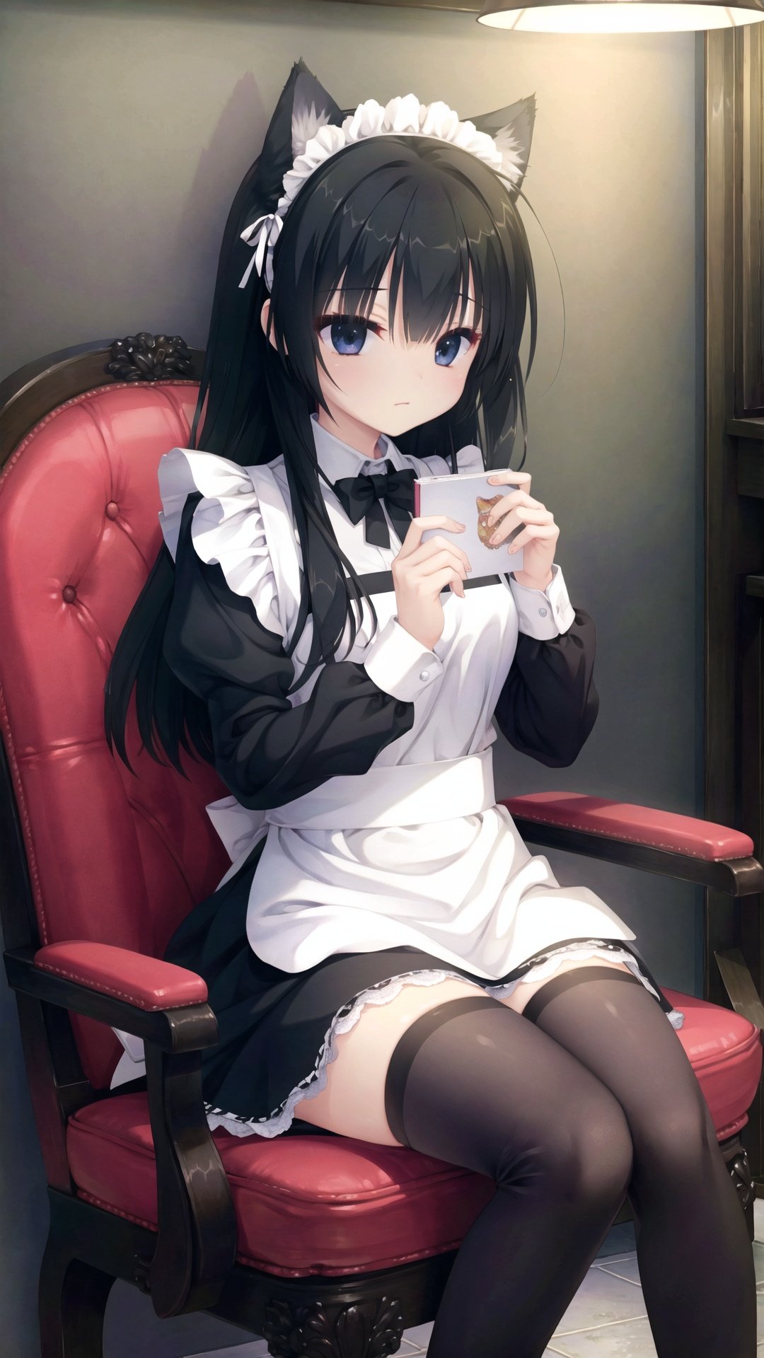 finely detail, Depth of field, (((masterpiece))), ((extremely detailed CG unity 8k wallpaper)), best quality, high resolution illustration, Amazing, intricate detail, (best illumination, best shadow, an extremely delicate and beautiful),

1girl, animal ears, thighhighs, fake animal ears, maid, solo, sitting, chair, cat ears, long hair, black hair