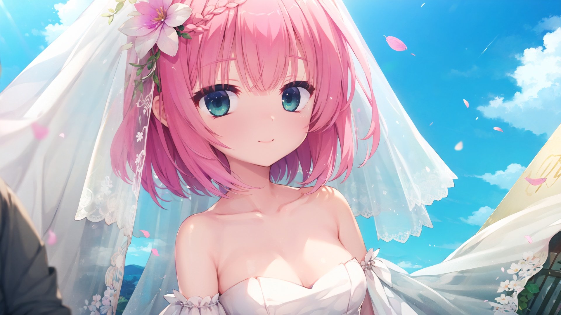  finely detail, Depth of field, (((masterpiece))), ((extremely detailed CG unity 8k wallpaper)), best quality, high resolution illustration, Amazing, intricate detail, (best illumination, best shadow, an extremely delicate and beautiful),

1girl, dress, solo, green eyes, virtual youtuber, tokoyami towa, breasts, veil, flower, strapless dress, short hair, smile, pink hair, wedding dress, looking at viewer, hair ornament, hair flower, strapless, bare shoulders, bridal veil, sky, bangs, blue sky, cleavage, collarbone, upper body, medium breasts, feathers