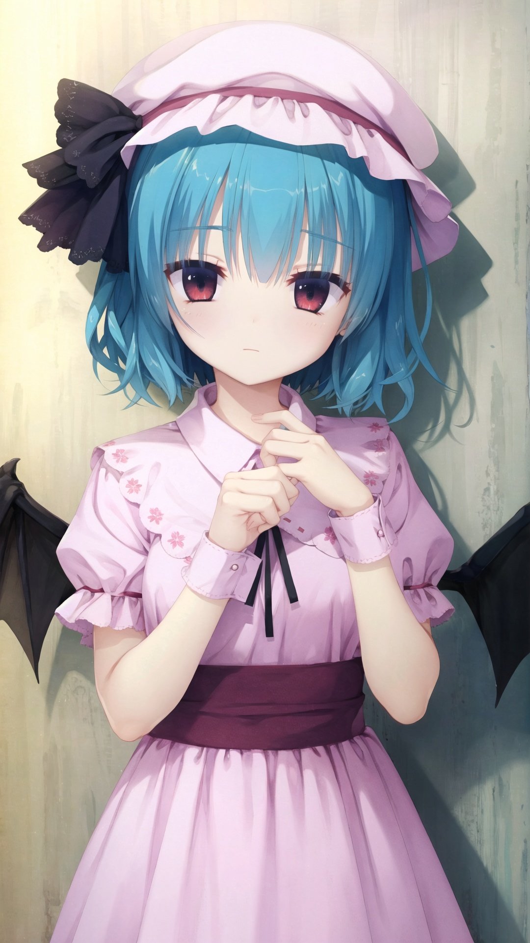 finely detail, Depth of field, (((masterpiece))), ((extremely detailed CG unity 8k wallpaper)), best quality, high resolution illustration, Amazing, intricate detail, (best illumination, best shadow, an extremely delicate and beautiful),

1girl, solo, remilia scarlet, wings, hat, flower, bat wings, red eyes, wrist cuffs, short hair, hat ribbon, upper body, ribbon, slit pupils, looking at viewer, traditional media, blue hair, remilia scarlet