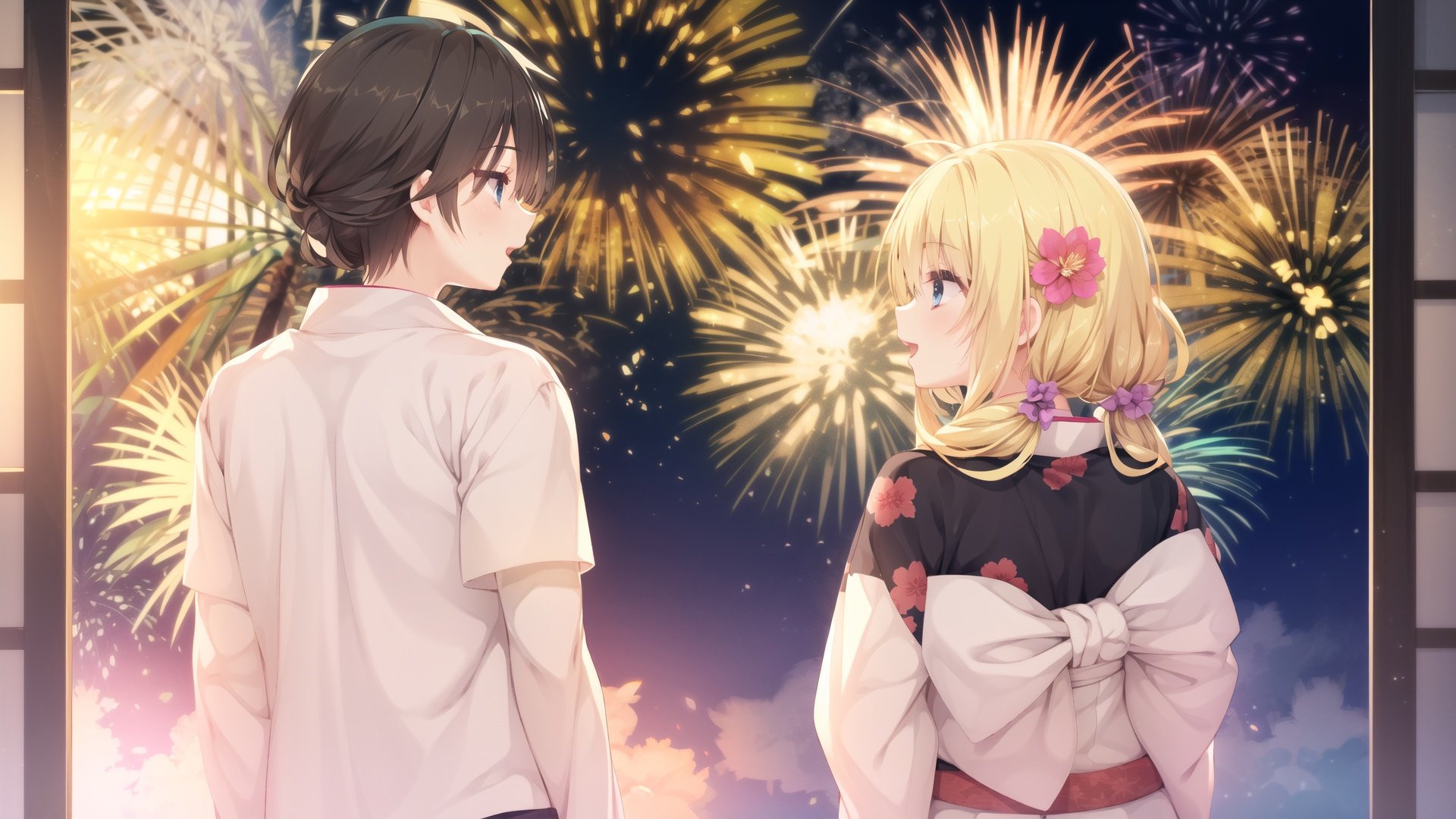  finely detail, Depth of field, (((masterpiece))), ((extremely detailed CG unity 8k wallpaper)), best quality, high resolution illustration, Amazing, intricate detail, (best illumination, best shadow, an extremely delicate and beautiful),

1girl, fireworks, 1boy, kimono, japanese clothes, eye contact, night, shirt, brown hair, bow, white shirt, looking at another, short sleeves, flower, hair ornament, long hair, hair flower, bangs, print kimono, blue kimono, blonde hair, aerial fireworks, twintails, night sky, floral print, outdoors, hair between eyes, smile, sash, collared shirt, sky, yukata, obi, grey kimono, brown eyes, low twintails, upper body, purple bow, green eyes, parted lips, blue eyes, shiny hair, open mouth, back bow