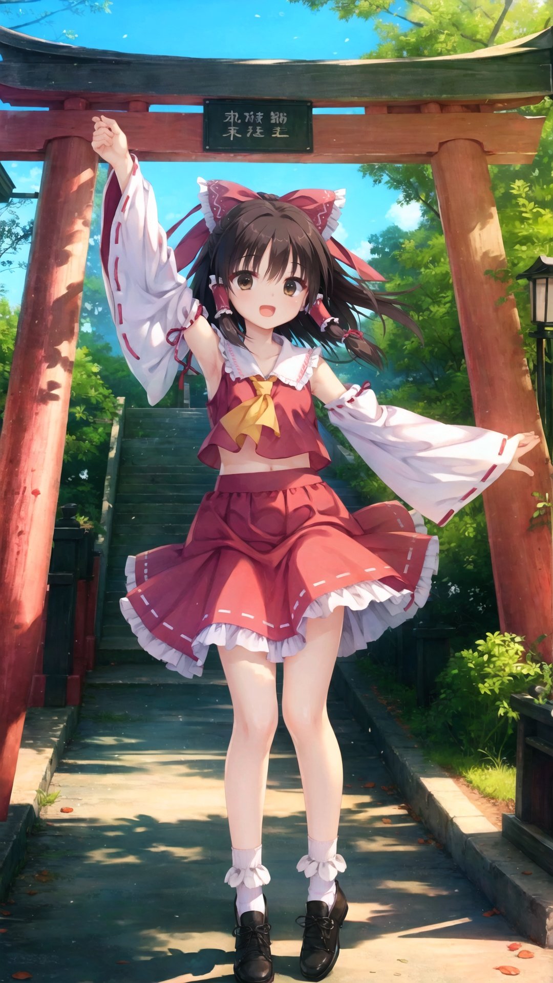 finely detail, Depth of field, (((masterpiece))), ((extremely detailed CG unity 8k wallpaper)), best quality, high resolution illustration, Amazing, intricate detail, (best illumination, best shadow, an extremely delicate and beautiful),

1girl, hakurei reimu, solo, hair bow, skirt, bow, socks, frills, blurry, red bow, hair tubes, white socks, gohei, brown hair, red skirt, black footwear, long hair, torii, ribbon trim, arm up, wide sleeves, standing, outdoors, ribbon-trimmed sleeves, standing on one leg, frilled skirt, ascot, open mouth, blurry background, depth of field, petticoat, brown eyes, holding, shoes, detached sleeves, full body, frilled bow, shirt, looking up