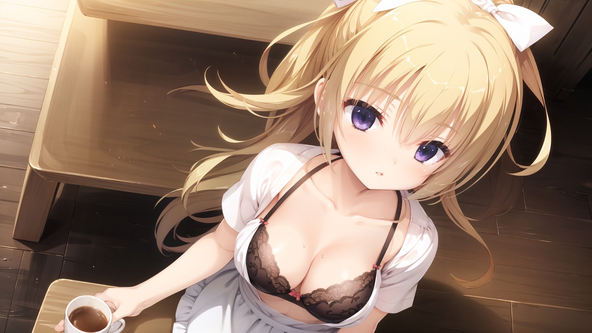  finely detail, Depth of field, (((masterpiece))), ((extremely detailed CG unity 8k wallpaper)), best quality, high resolution illustration, Amazing, intricate detail, (best illumination, best shadow, an extremely delicate and beautiful),

1girl, solo, breasts, apron, underwear, long hair, bra, collarbone, coffee, cleavage, bra peek, bangs, looking at viewer, striped, from above, black bra, cup, shirt, indoors, frilled apron, waist apron, hair between eyes, dutch angle, frills, purple eyes, short sleeves, white apron, wooden floor, ponytail, vertical stripes, wooden table, shiny hair, shiny, clothes pull, chocolate on breasts, chocolate on body, blonde hair, food on body, table, large breasts, bow, hair bow, medium breasts, very long hair, parted lips, blush, lace-trimmed bra