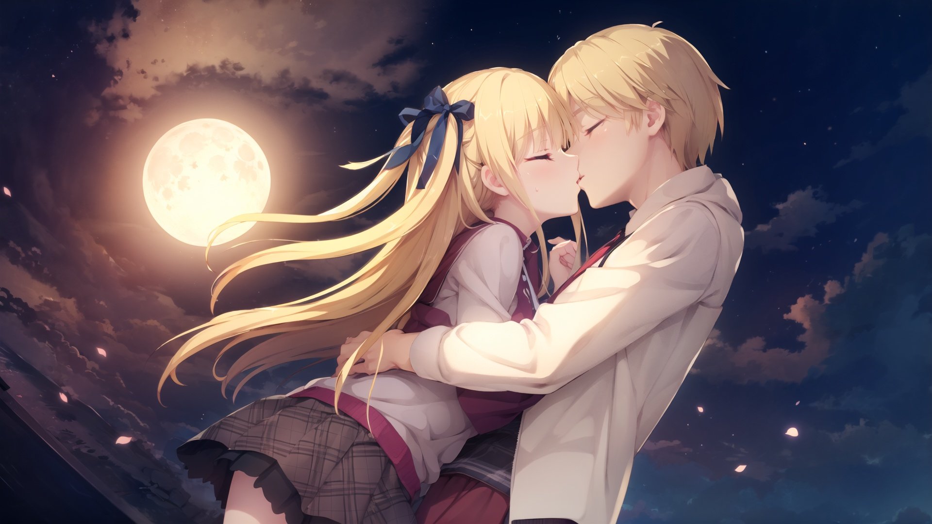  finely detail, Depth of field, (((masterpiece))), ((extremely detailed CG unity 8k wallpaper)), best quality, high resolution illustration, Amazing, intricate detail, (best illumination, best shadow, an extremely delicate and beautiful),

1girl, 1boy, moon, blonde hair, closed eyes, long hair, full moon, skirt, ribbon, kiss, hetero, night, hair ribbon, sky, couple, blue ribbon, very long hair, brown hair, red skirt, plaid skirt, hug, jacket, cloud, outdoors, night sky, miniskirt, plaid