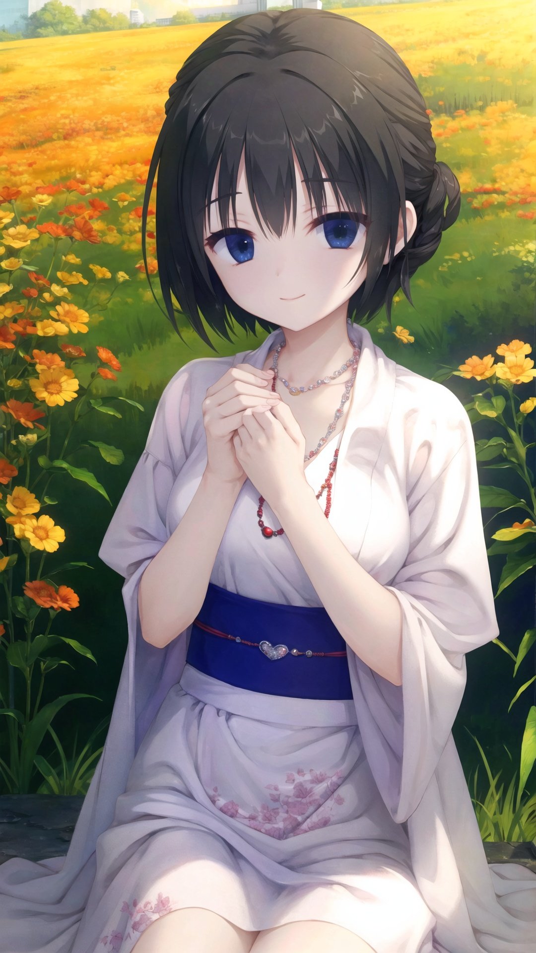 finely detail, Depth of field, (((masterpiece))), ((extremely detailed CG unity 8k wallpaper)), best quality, high resolution illustration, Amazing, intricate detail, (best illumination, best shadow, an extremely delicate and beautiful),

masterpiece, best quality, feena, necklace, white robes, short sleeves, sash, field, sky, looking at viewer, from above, sitting, on ground, smile, upper body, hand to heart