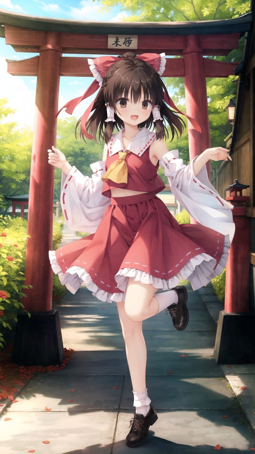 finely detail, Depth of field, (((masterpiece))), ((extremely detailed CG unity 8k wallpaper)), best quality, high resolution illustration, Amazing, intricate detail, (best illumination, best shadow, an extremely delicate and beautiful),

1girl, hakurei reimu, solo, hair bow, skirt, bow, socks, frills, blurry, red bow, hair tubes, white socks, gohei, brown hair, red skirt, black footwear, long hair, torii, ribbon trim, arm up, wide sleeves, standing, outdoors, ribbon-trimmed sleeves, standing on one leg, frilled skirt, ascot, open mouth, blurry background, depth of field, petticoat, brown eyes, holding, shoes, detached sleeves, full body, frilled bow, shirt, looking up