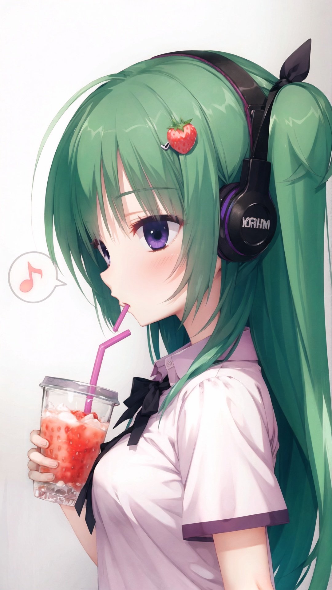 1girl, solo, headphones, looking at viewer, long hair, holding, musical note, hair ornament, pink shirt, drinking straw, shirt, blush, cup, ribbon, holding cup, hair ribbon, short sleeves, from side, two side up, spoken musical note, breasts, looking to the side, bangs, simple background, grey background, white ribbon, disposable cup, speech bubble, strawberry, purple eyes, hairclip, upper body, medium breasts