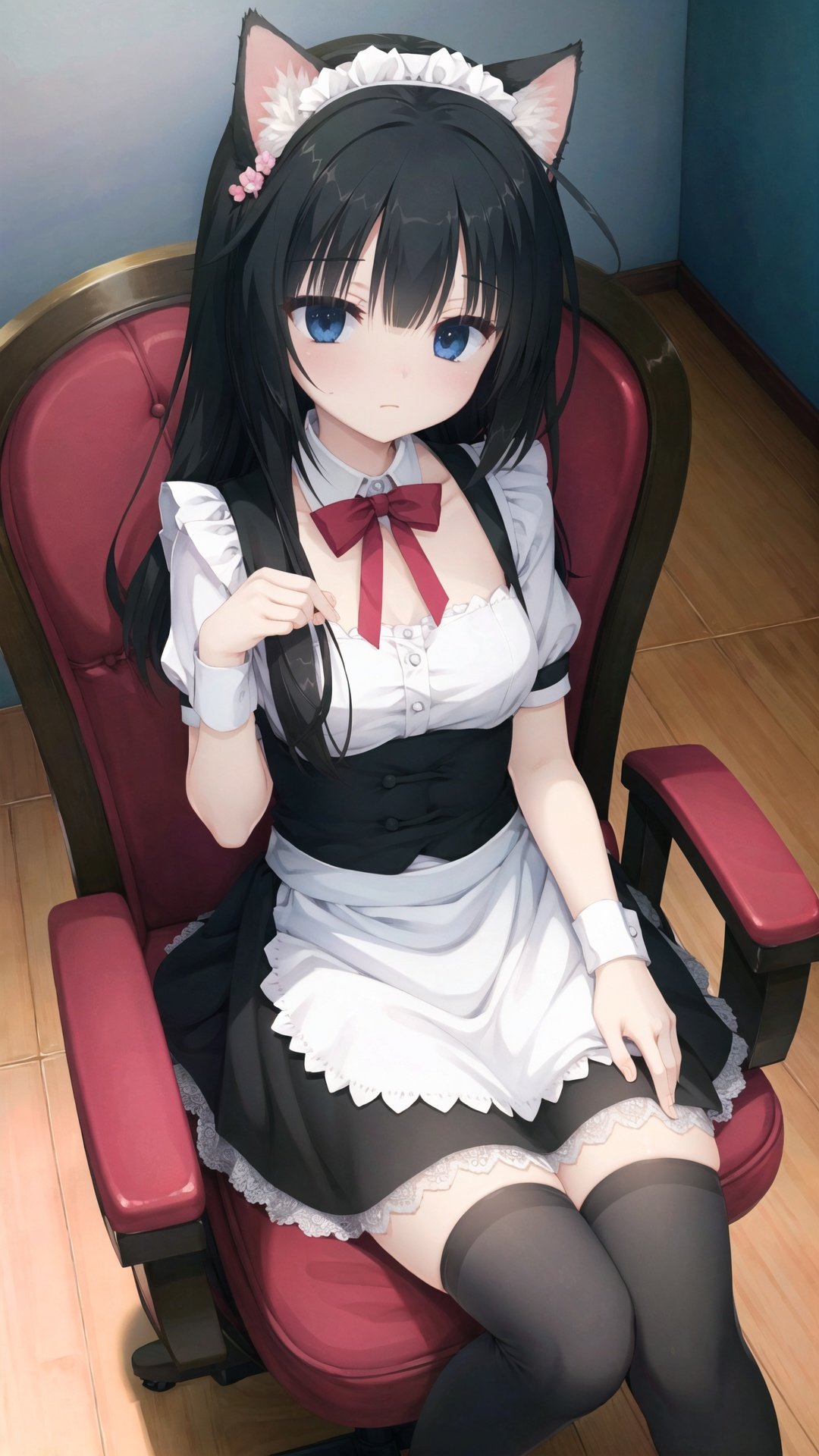 finely detail, Depth of field, (((masterpiece))), ((extremely detailed CG unity 8k wallpaper)), best quality, high resolution illustration, Amazing, intricate detail, (best illumination, best shadow, an extremely delicate and beautiful),

1girl, animal ears, thighhighs, fake animal ears, maid, solo, sitting, chair, cat ears, long hair, black hair