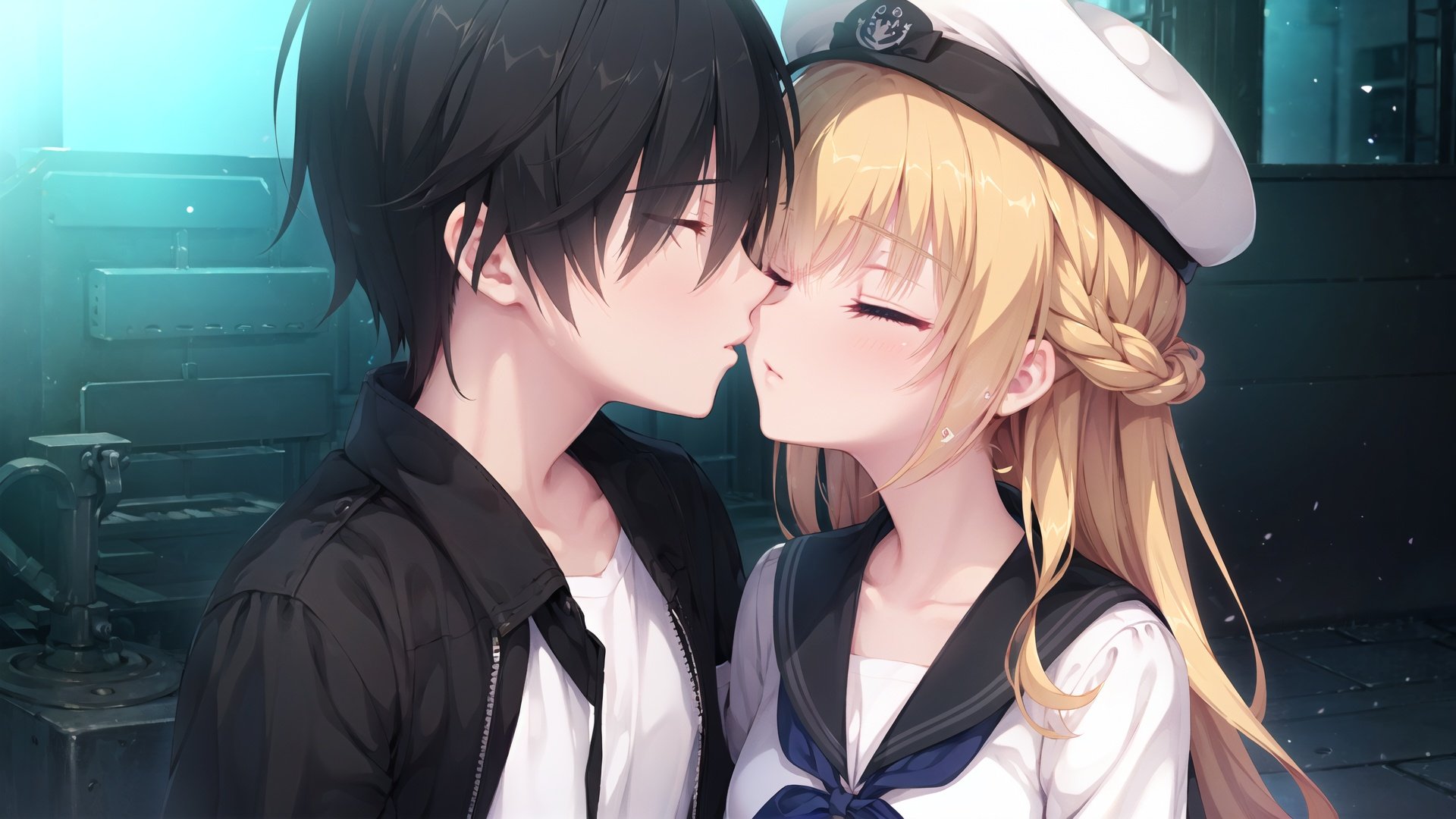  finely detail, Depth of field, (((masterpiece))), ((extremely detailed CG unity 8k wallpaper)), best quality, high resolution illustration, Amazing, intricate detail, (best illumination, best shadow, an extremely delicate and beautiful),

1girl, 1boy, closed eyes, kiss, hetero, outdoors, hat, blonde hair, long hair, white headwear, shirt, couple, braid, black hair, white shirt, day, hand on another's shoulder, collarbone, sailor collar, bangs, upper body, open clothes, blush, shiny hair, shiny, sailor shirt, ribbon