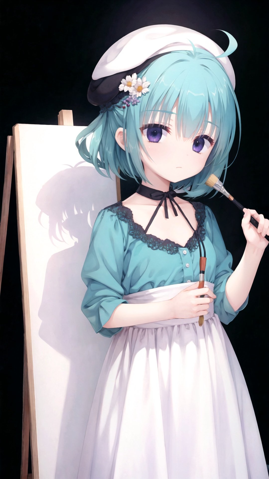 finely detail, Depth of field, (((masterpiece))), ((extremely detailed CG unity 8k wallpaper)), best quality, high resolution illustration, Amazing, intricate detail, (best illumination, best shadow, an extremely delicate and beautiful),

1girl, palette (object), dress, blue hair, white dress, hat, solo, purple eyes, beret, long hair, painting (object), bangs, black background, closed mouth, holding, looking at viewer, ahoge, simple background, hair ornament, paintbrush