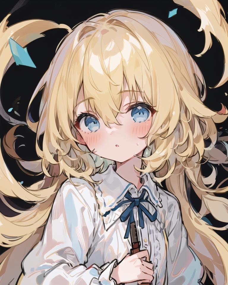 1girl, solo, shirt, blue eyes, rabbit, white shirt, holding, knife, bangs, collared shirt, water, blonde hair, blush, looking at viewer, long sleeves, upper body, parted lips, holding knife, hair between eyes