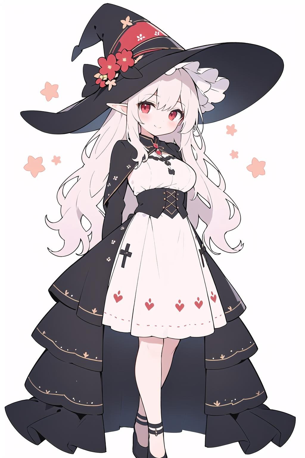 (masterpiece:1.2), (arms behind back:1.2), best quality, game cg, 1girl, solo, long hair, white hair, hair ornament, dress, full body, looking at viewer, simple background, red eyes, standing, hair flower, white background, white dress, closed mouth, long sleeves, skirt, wavy hair, blush, large breasts, smile, very long hair, hand up, floral print, witch hat, elf