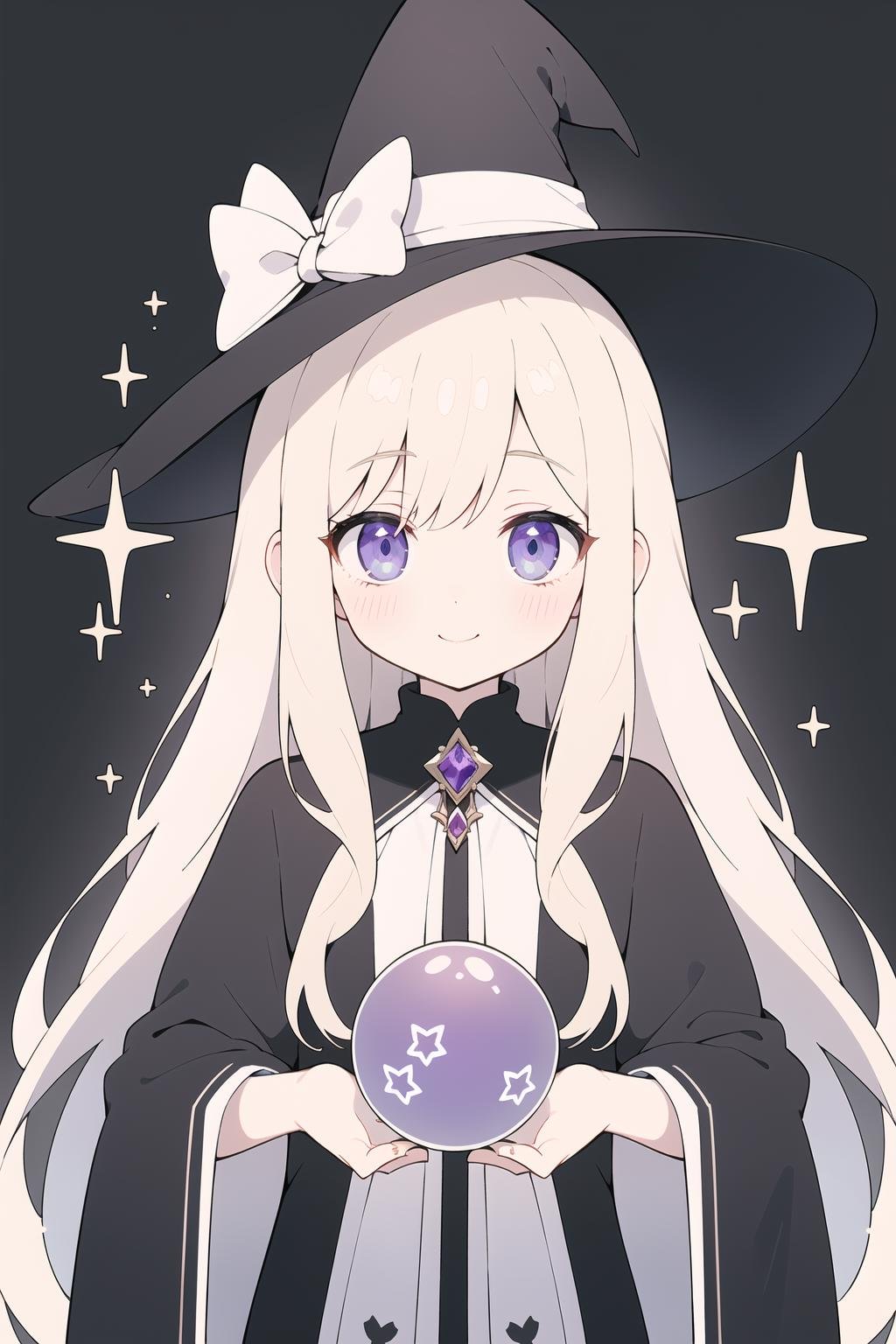She is a cute magician girl,  with a head of soft purple long hair,  paired with a black pointed hat. Her eyes are deep purple,  shining with curiosity and wisdom. She has two small dimples on her cheeks,  which make her look very cute when she smiles. She wears a black robe,  embroidered with various mysterious symbols and patterns. She holds a white wand in her hand,  and there is a purple crystal ball at the top of the wand,  which flickers with magic. She is a kind and brave magician girl,  who always uses her magic to bring happiness and joy to people.