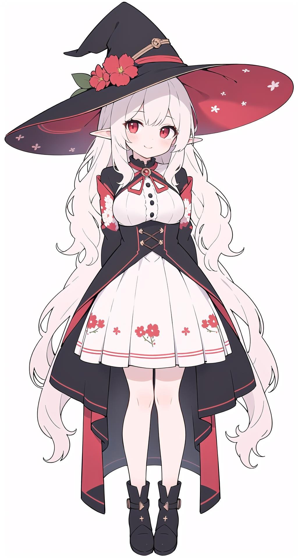 (masterpiece:1.2), (arms behind back:1.2), best quality, game cg, 1girl, solo, long hair, white hair, hair ornament, dress, full body, looking at viewer, simple background, red eyes, standing, hair flower, white background, white dress, closed mouth, long sleeves, skirt, wavy hair, blush, large breasts, smile, very long hair, hand up, floral print, witch hat, elf