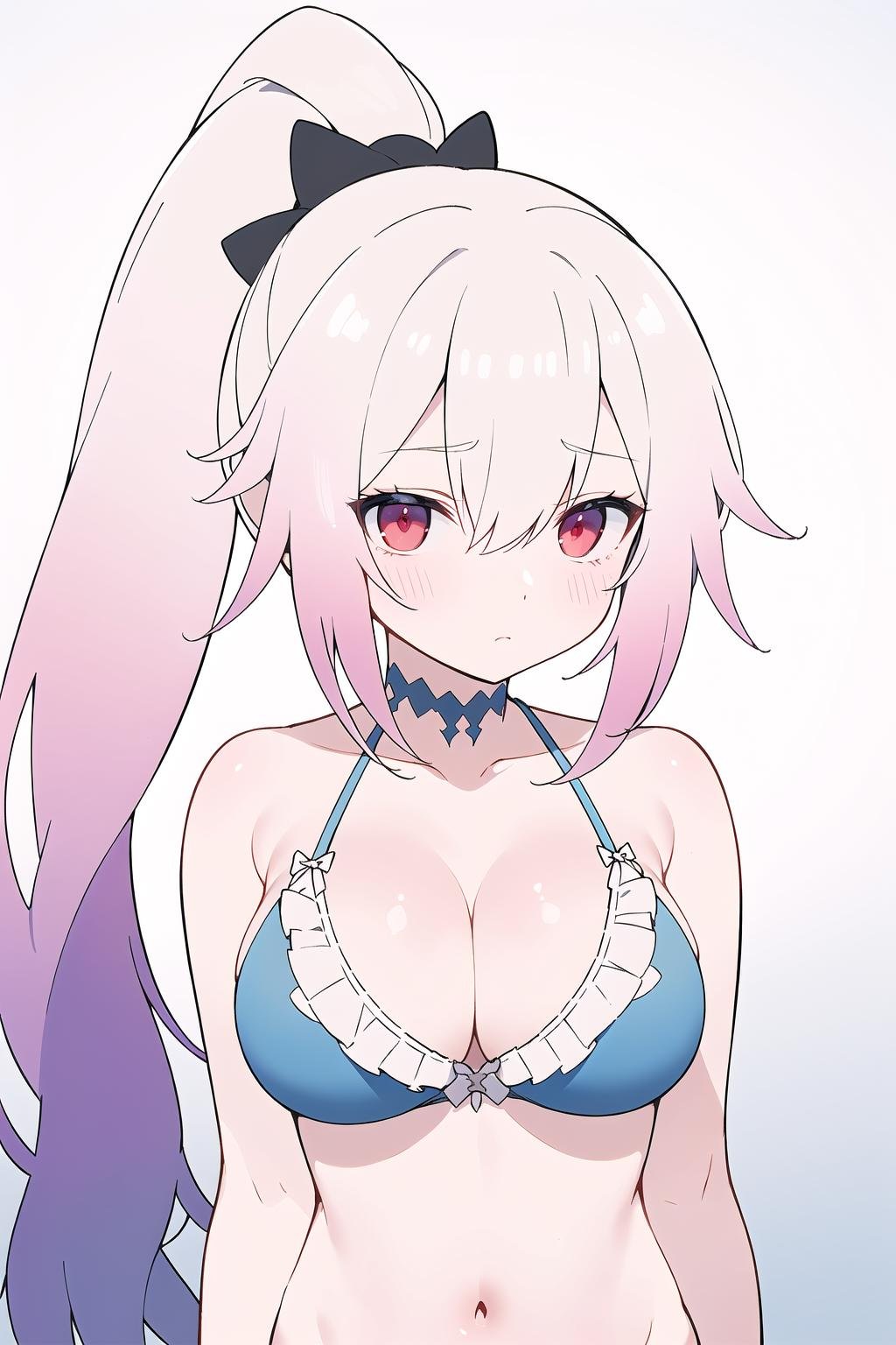 masterpiece, best quality, (gradient hair:1.4), white hair, pink hair, (skadi), (large breasts:1.2), (red eyes:1.1), watercolor, expressionless, blue bikini, gradient background, frills, (straight hair:1.3), (long ponytail:1.3)