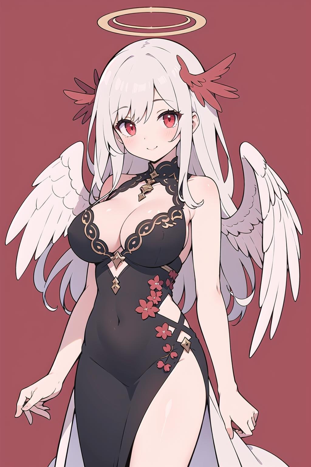 side slit, :), large breasts, masterpiece, cleavage,  intricate detail, best quality,  a 1girl,  halo,  solo,  long hair,  red eyes,  wings,  red background,  angel,  looking at viewer,  angel wings,  feathered wings,  bangs,  simple background,  white hair