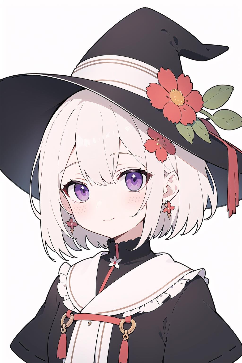 smile, quality_best, style_onineko, (Distinct pupils)(Clear eyes), wizard hat, 1girl, solo, c, earrings, looking at viewer, flower, short hair, bangs, closed mouth, simple background, black headwear, white background, red flower, upper body, white hair, hair intakes, frills, purple eyes, hair ornament, expressionless, hat flower, eyelashes, best quality