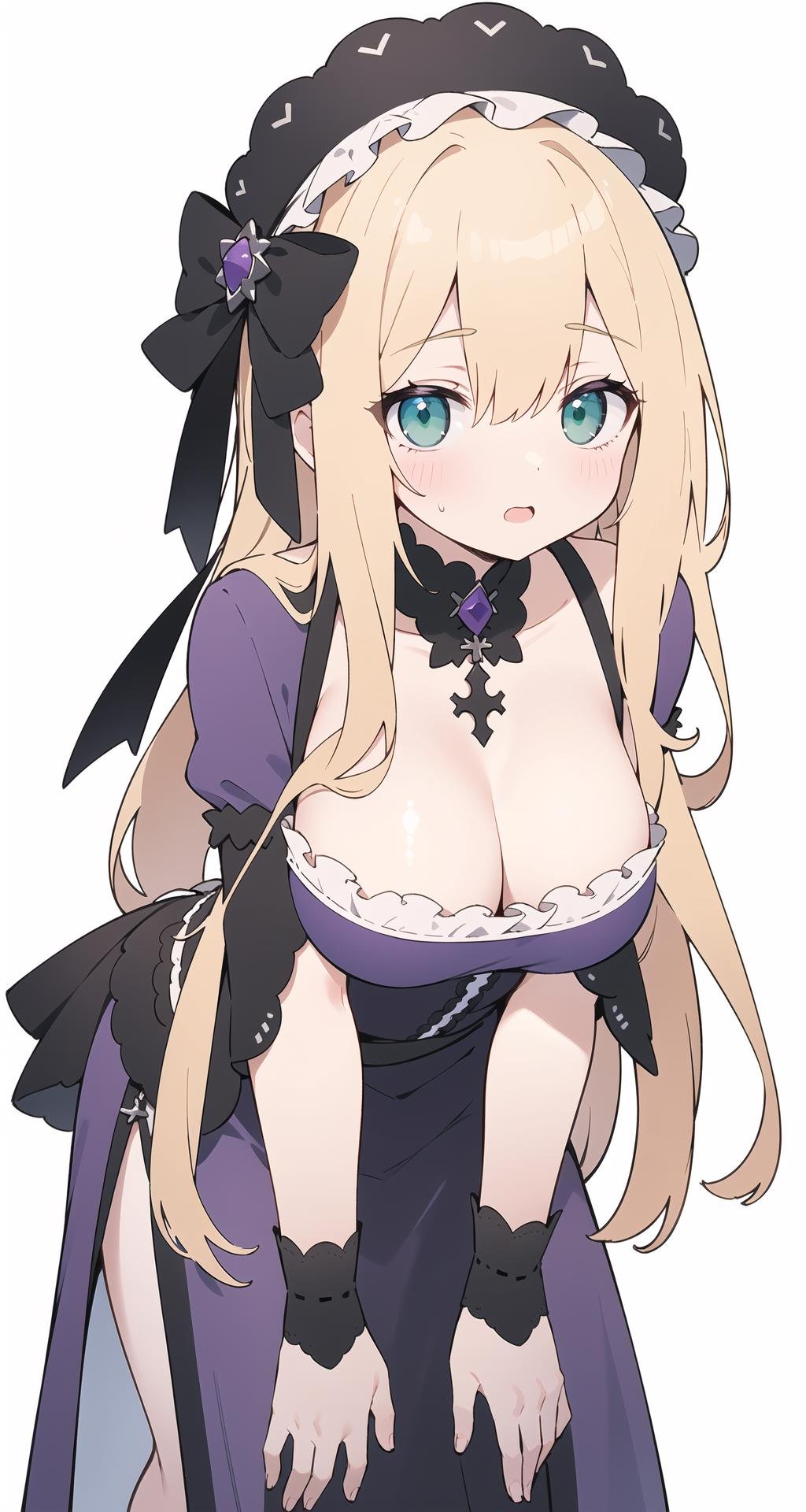 ((best quality)),  large breasts, (hanging breasts), ((masterpiece)),  (8k resolution:1.0), blonde_hair, green_eyes, long_hair, ((purple dress)), [(white background:1.5)::5], gothic lolita, amelia watson