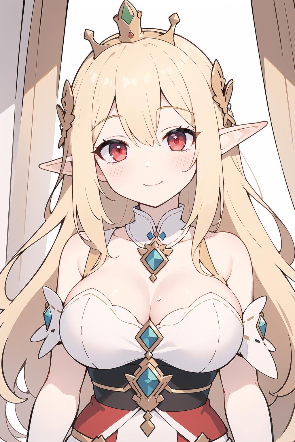 (best quality),  (masterpiece),  (1 girl),  beautiful eyes,  (delicate face),  perfect detail, ((elf)),  blonde hair,  long hair, ( red eyes),  (large breasts), ornament, queen,  upper body,  ahegao, Smile,  crown, Gem