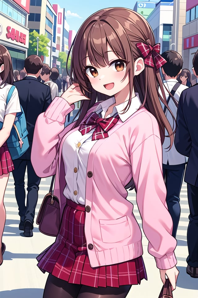 insanely detailed, absurdres, ultra-highres, ultra-detailed, best quality,1girl, solo, nice hands, perfect hands,BREAK(School Uniforms:1.2), (pink cardigan is fit body:1.4), ((do up a buttons, not loose):1.5), ((long sleeve, sleeves past wrists):1.2), (inner wear is white collared-shirt:1.3), (red plaid-pattern bow:1.3), (red plaid-pattern pleated skirt:1.3), ((dark-brown pantyhose, loafers):1.2) BREAKhappy smile, laugh, open mouth, standing,from side,cute pose, cowboy shot,BREAKslender, kawaii, perfect symmetrical face, ultra cute girl, ultra cute face, ultra detailed eyes, ultra detailed hair, ultra cute, ultra beautiful,BREAKin harajuku, shibuya, tokyo, street, crowd, cityscape,BREAKmedium large breasts,(brown hair, brown eyes), hime cut