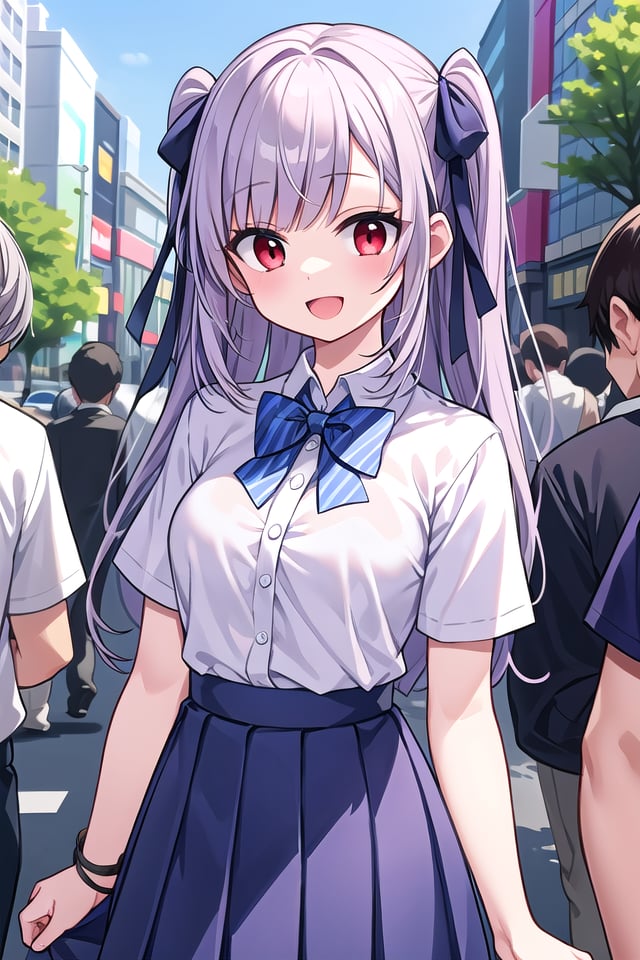 insanely detailed, absurdres, ultra-highres, ultra-detailed, best quality,1girl, solo, nice hands, perfect hands,BREAKsummer school uniform with indigo blue bowtie, (short sleeves, dark blue skirt, pleated skirt:1.3), (indigo blue:1.3) bowtie, (white shirt:1.3), shirt with white button, (skirt with many pleats:1.4), plain shirt, plain skirt, (striped bowtie:1.3), shirt_tucked_in BREAKhappy smile, laugh, open mouth, standing,(45 angle:-1.5), (from side:-1.5),cute pose, cowboy shot,BREAKslender, kawaii, perfect symmetrical face, ultra cute girl, ultra cute face, ultra detailed eyes, ultra detailed hair, ultra cute, ultra beautiful,BREAKin harajuku, shibuya, tokyo, street, crowd, cityscape,BREAKmedium large breasts,(grey hair, red eyes), 
