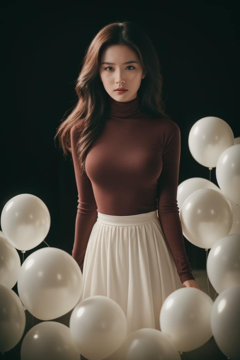  breathtaking cinematic film still, Cowboy_Shot, blouse ,, a cinematic fashion portrait photo of beautiful young woman from the 90s wearing a red turtleneck standing in the middle of a ton of white balloons, dramatic lighting, taken on a hasselblad medium format camera, looks like liuyifei, white balloon, shallow depth of field, vignette, highly detailed, high budget, bokeh, cinemascope, moody, epic, gorgeous, film grain, grainy . award-winning, professional, highly detailed,sc,monkren